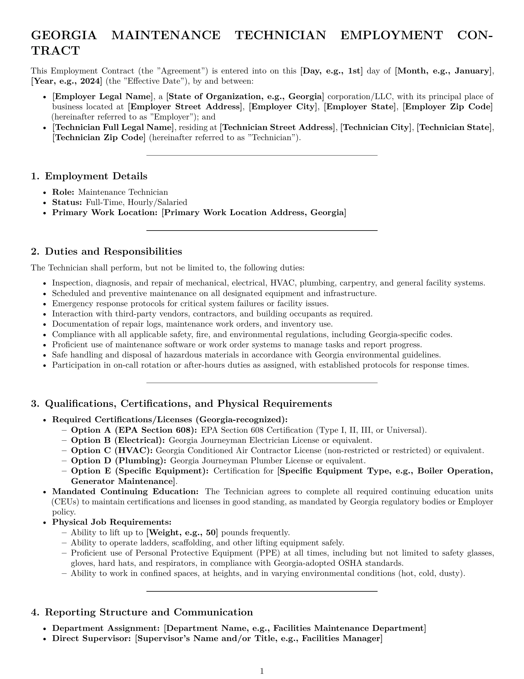 Preview page 1 of Pro Georgia maintenance technician employment contract template