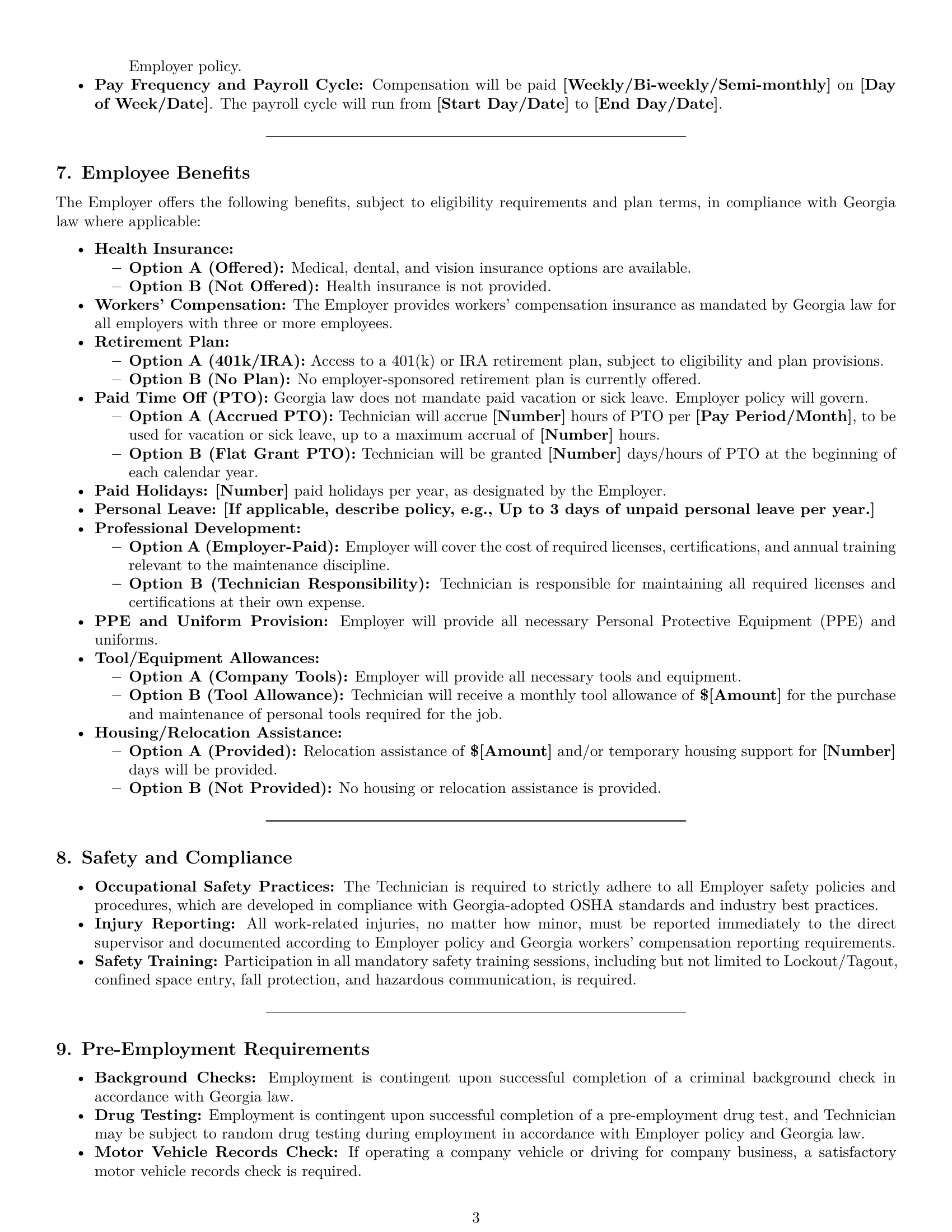 Preview page 3 of Pro Georgia maintenance technician employment contract template
