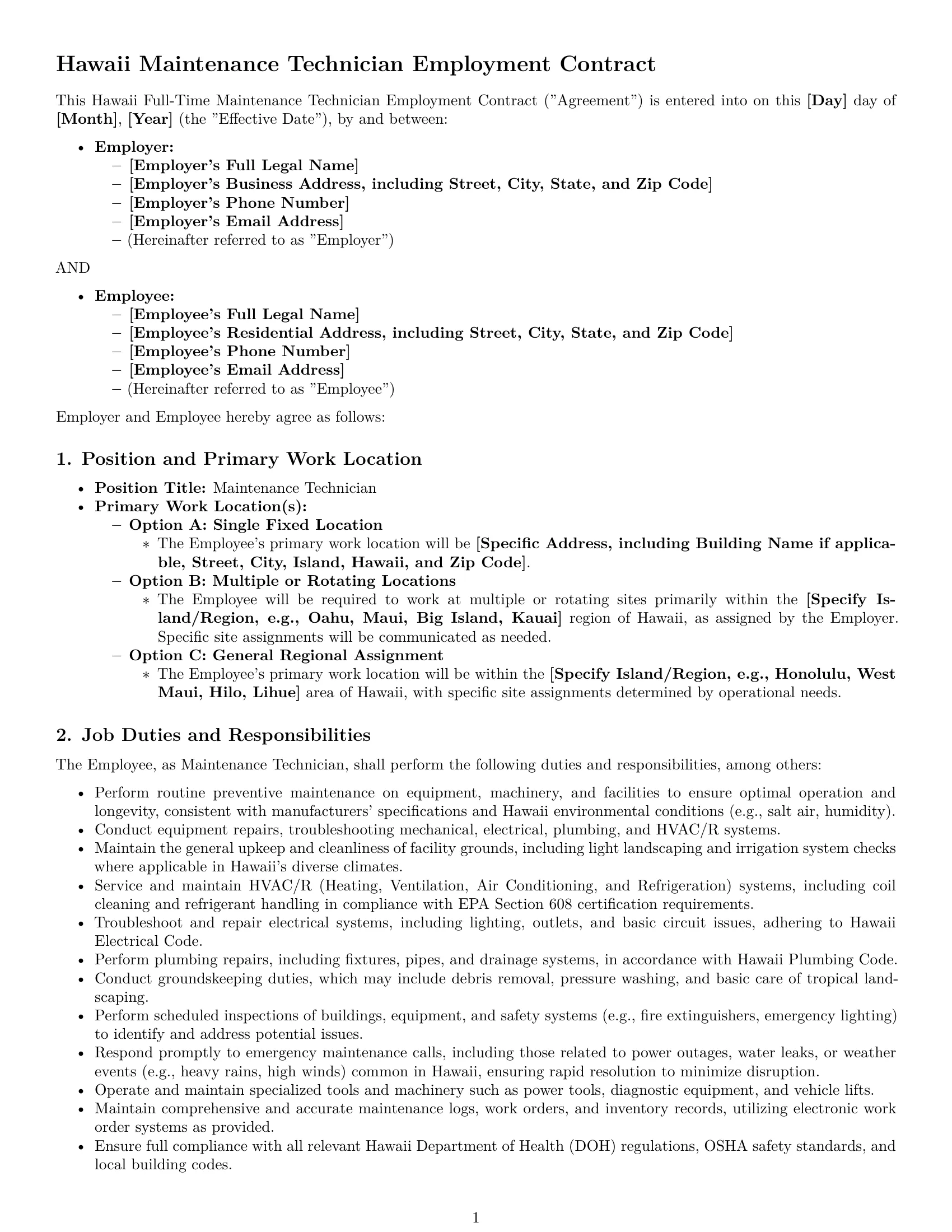 Preview page 1 of Pro Hawaii maintenance technician employment contract template
