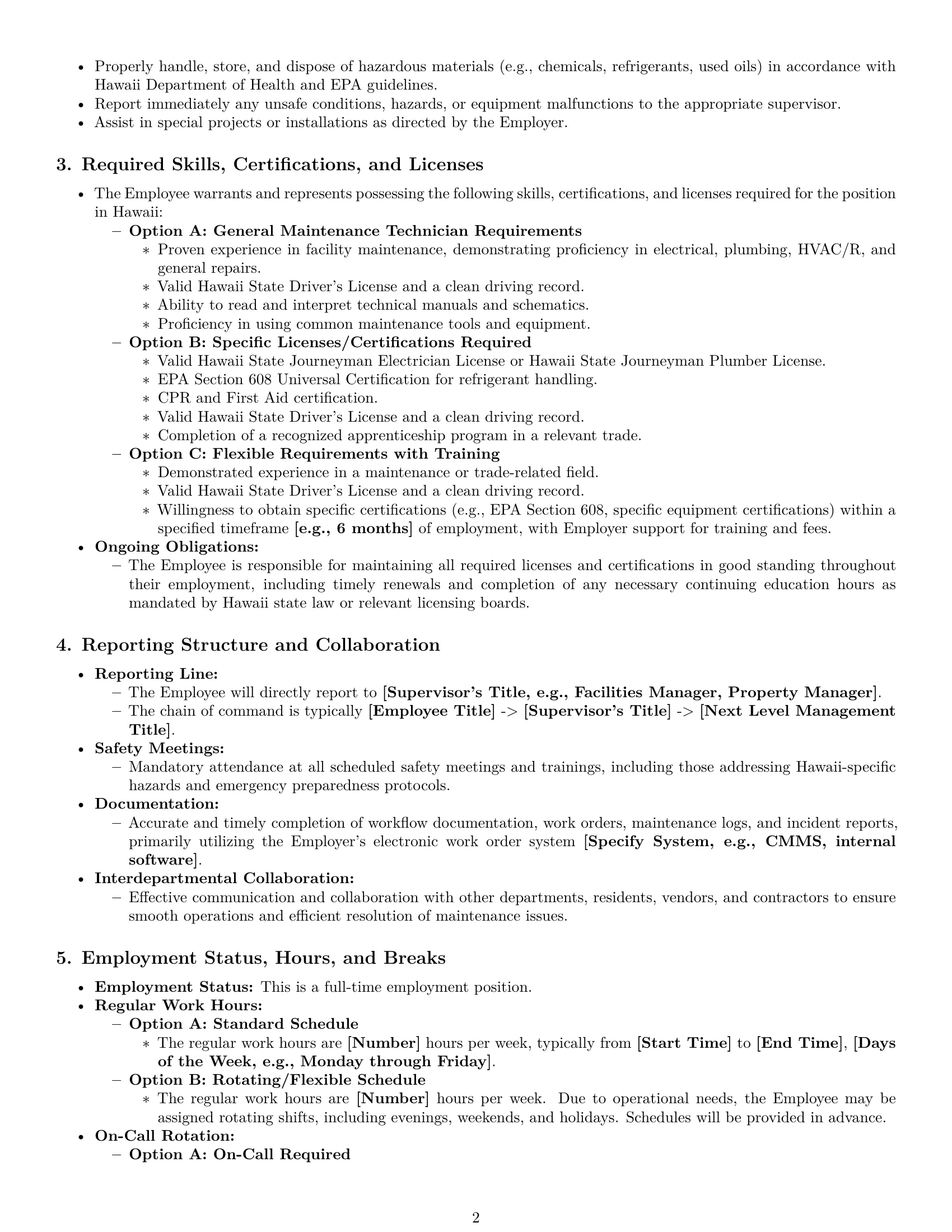 Preview page 2 of Pro Hawaii maintenance technician employment contract template