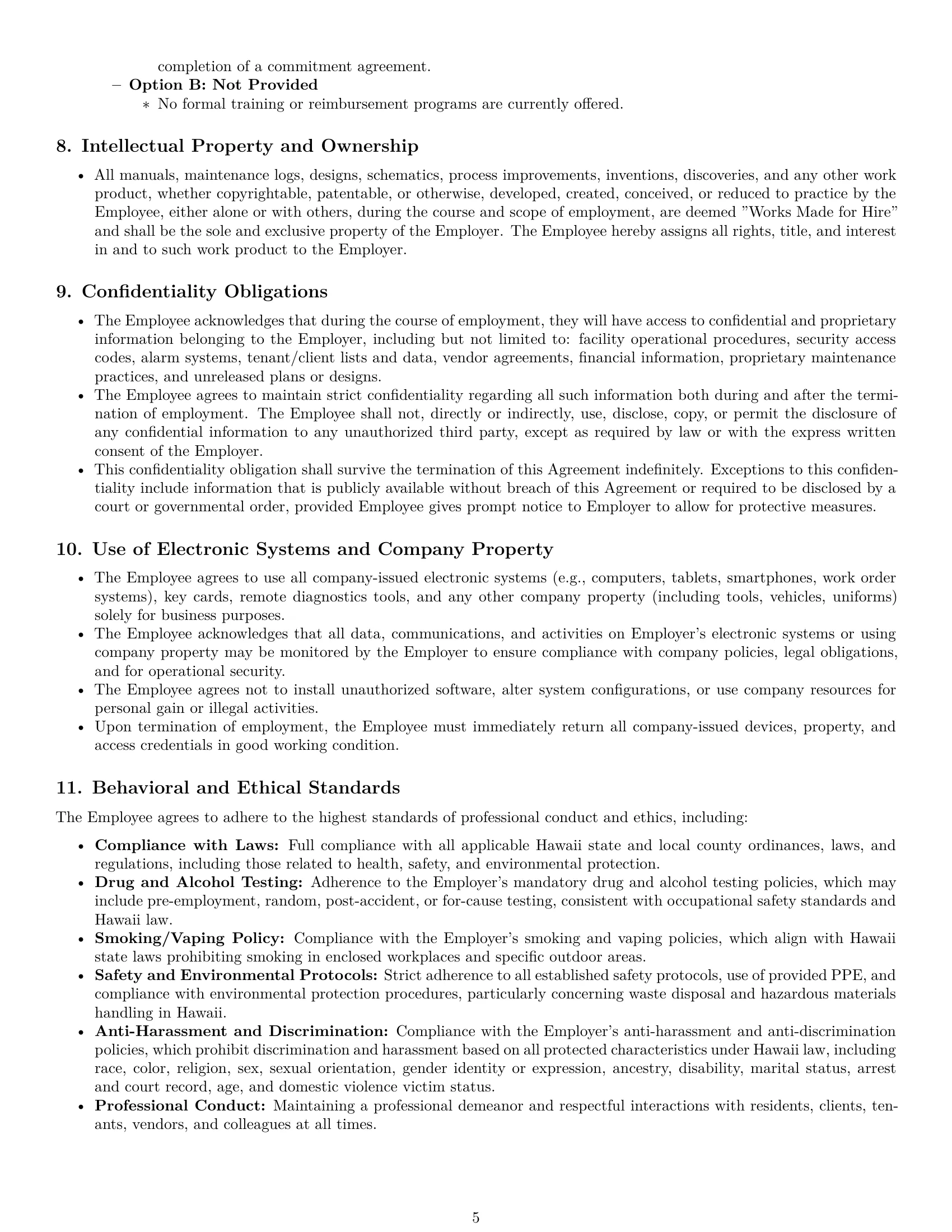 Preview page 5 of Pro Hawaii maintenance technician employment contract template