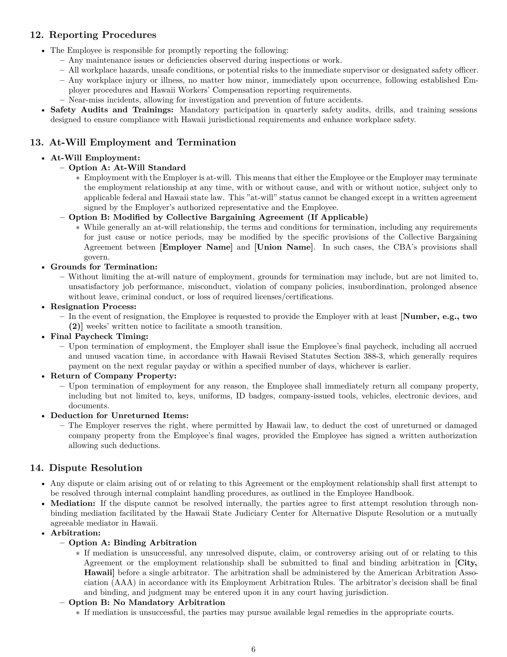 Preview page 6 of Pro Hawaii maintenance technician employment contract template