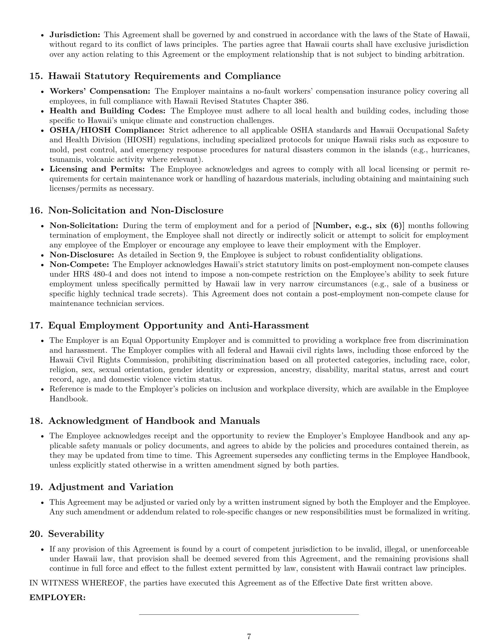 Preview page 7 of Pro Hawaii maintenance technician employment contract template