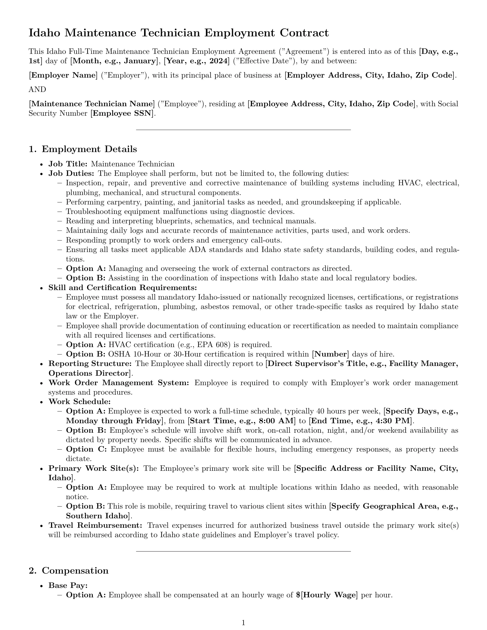 Preview page 1 of Pro Idaho maintenance technician employment contract template