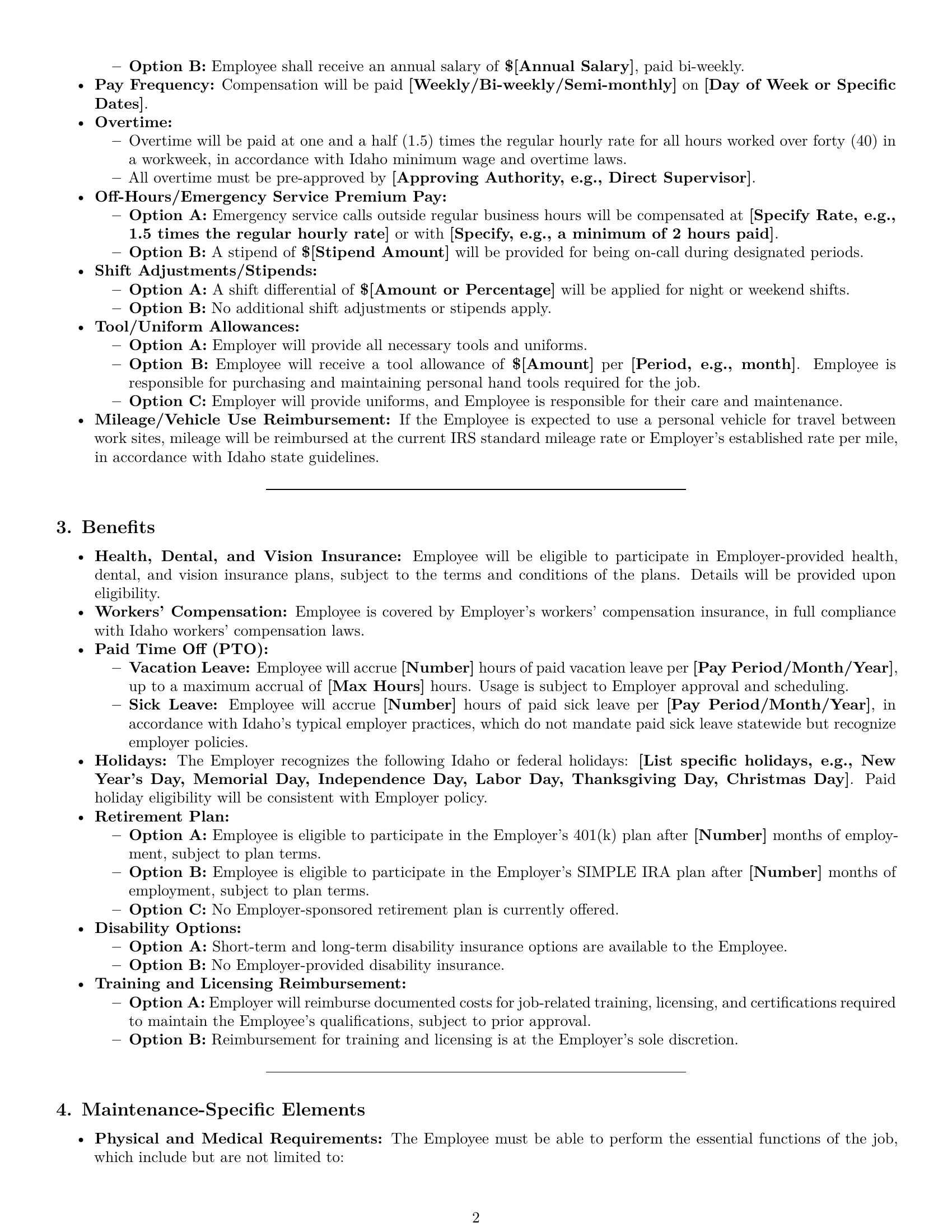 Preview page 2 of Pro Idaho maintenance technician employment contract template