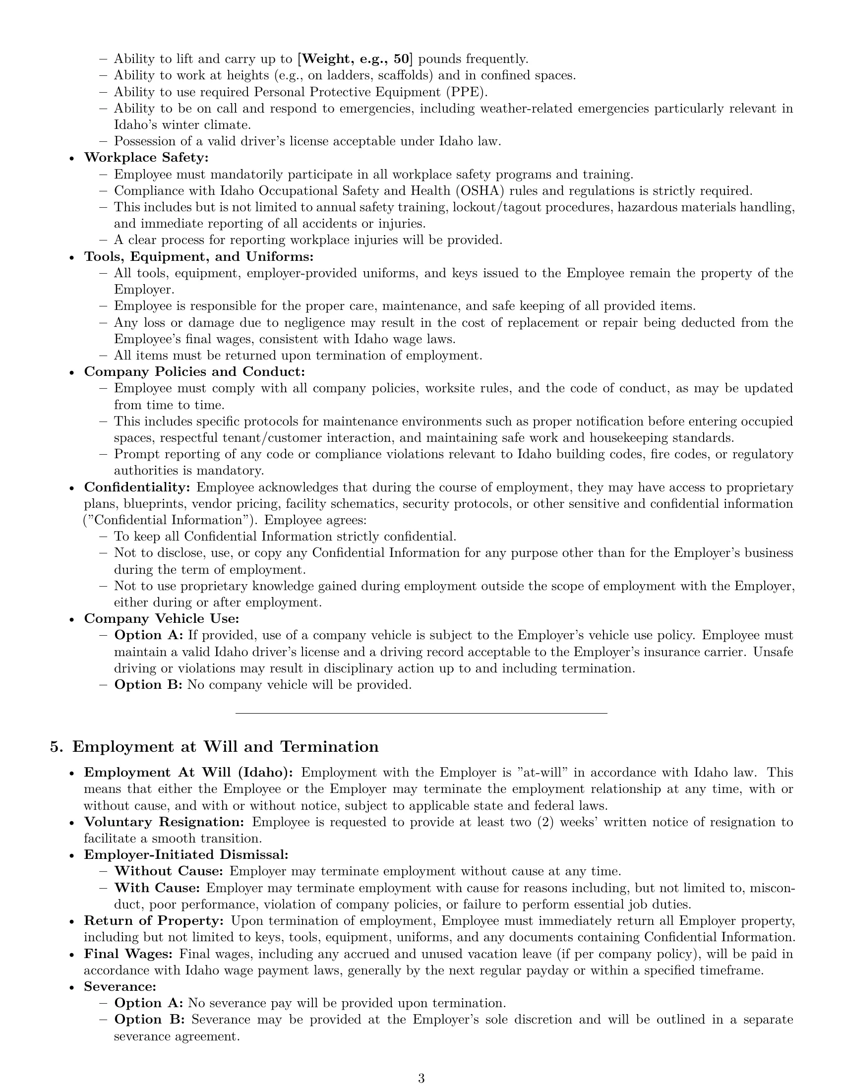 Preview page 3 of Pro Idaho maintenance technician employment contract template