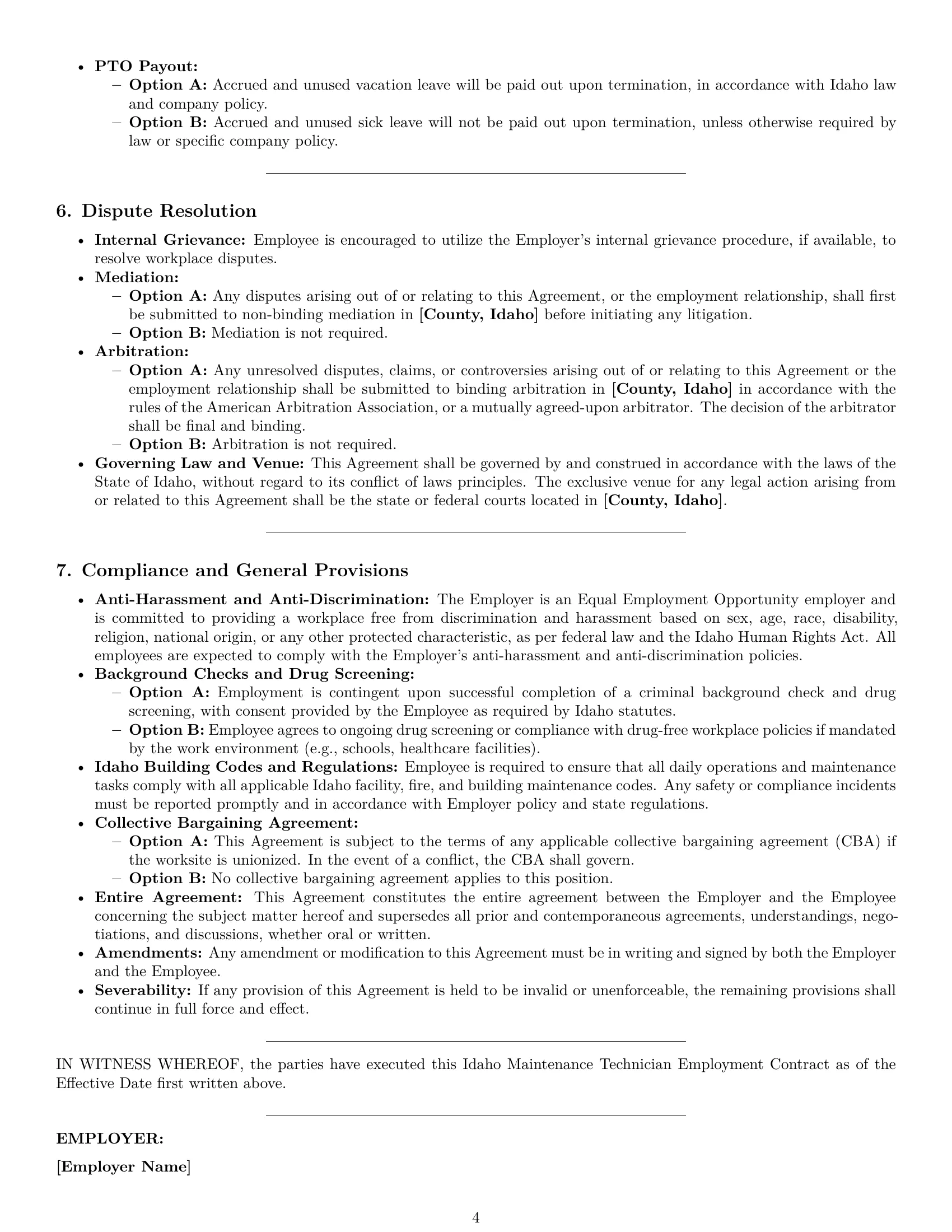 Preview page 4 of Pro Idaho maintenance technician employment contract template
