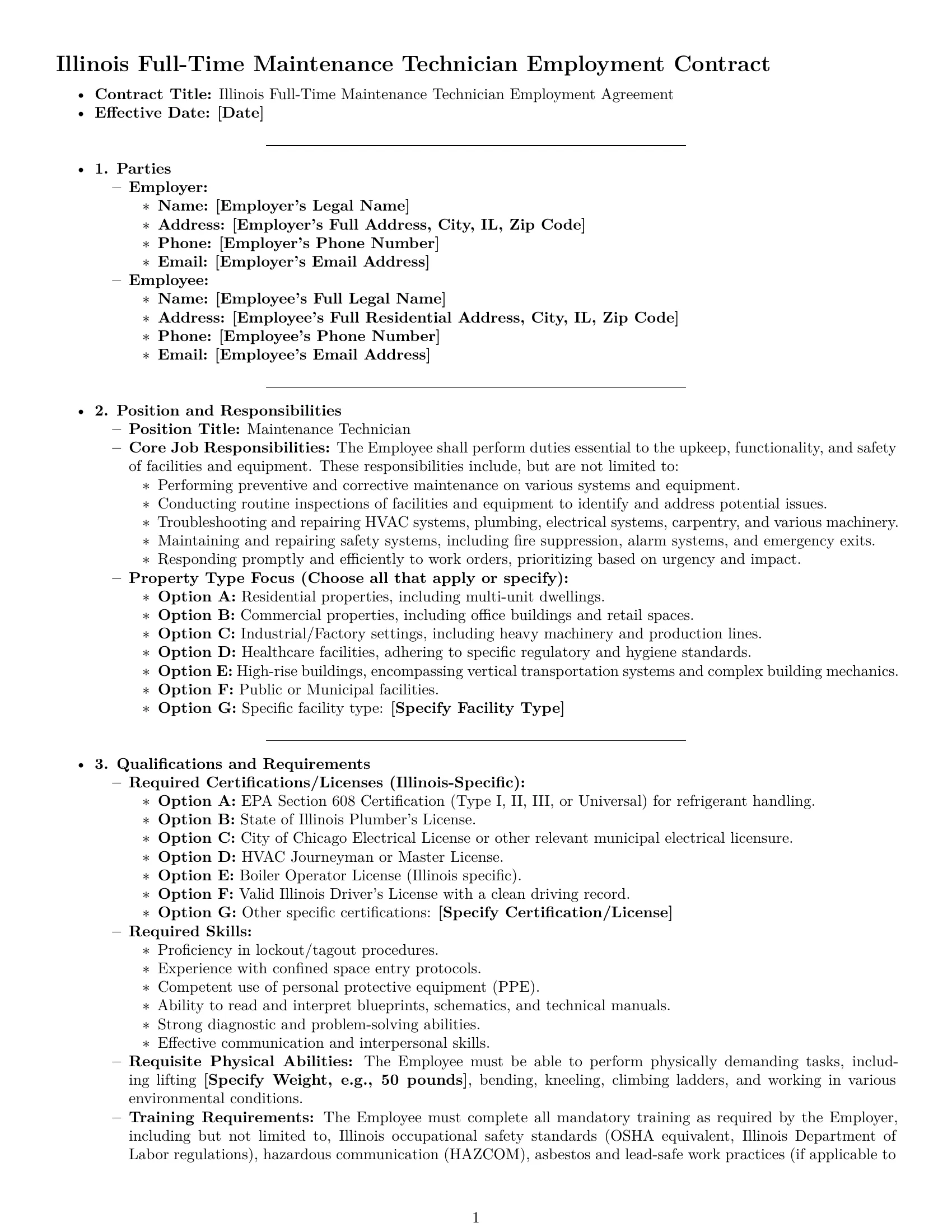 Preview page 1 of Pro Illinois maintenance technician employment contract template