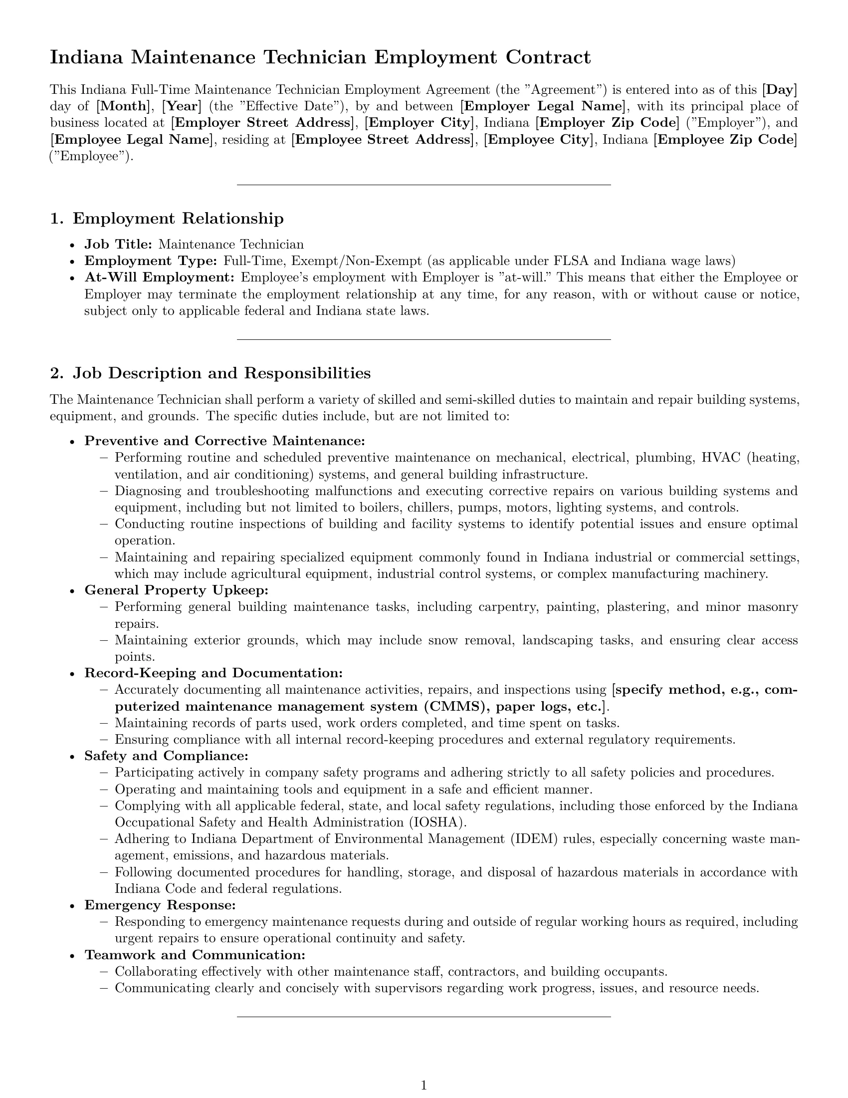 Preview page 1 of Pro Indiana maintenance technician employment contract template
