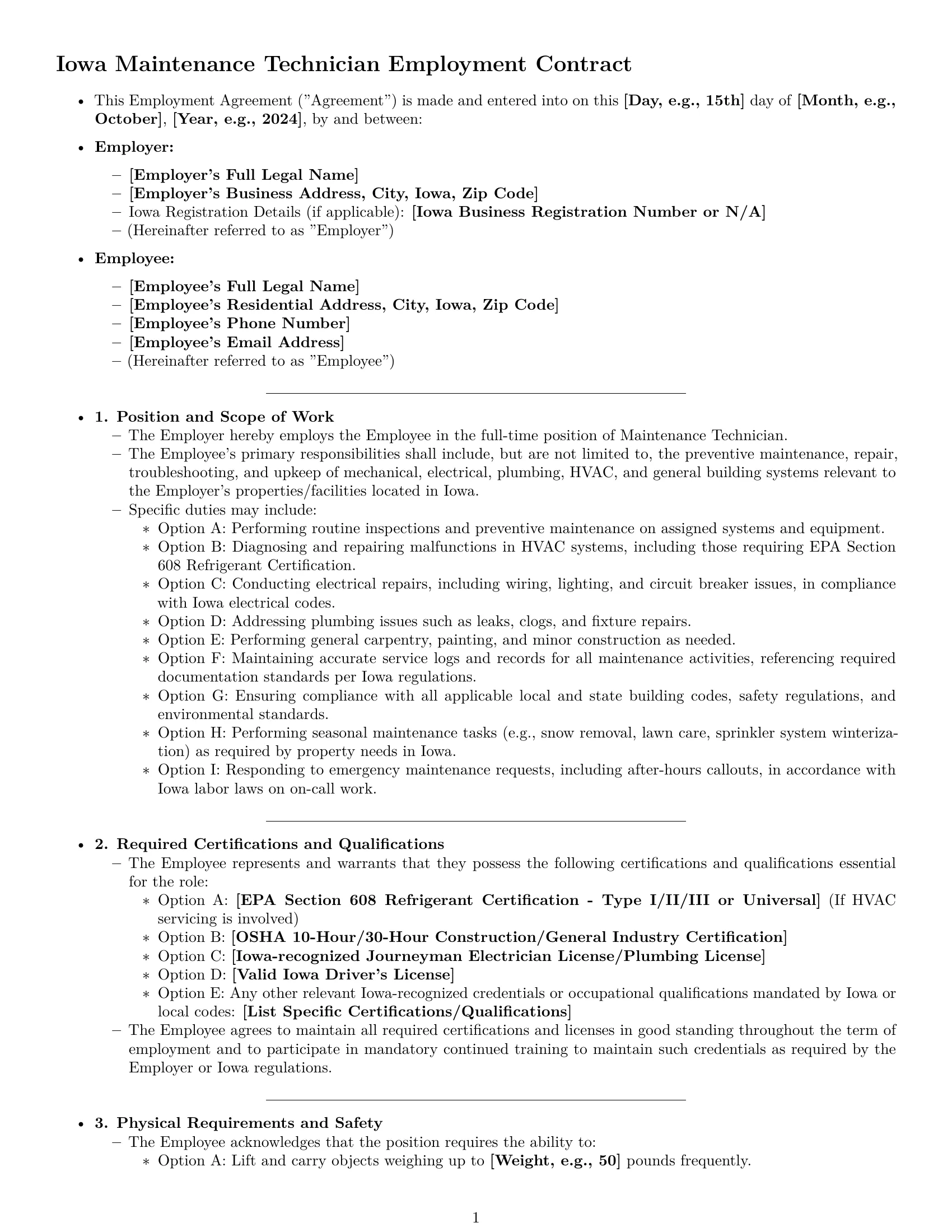 Preview page 1 of Pro Iowa maintenance technician employment contract template