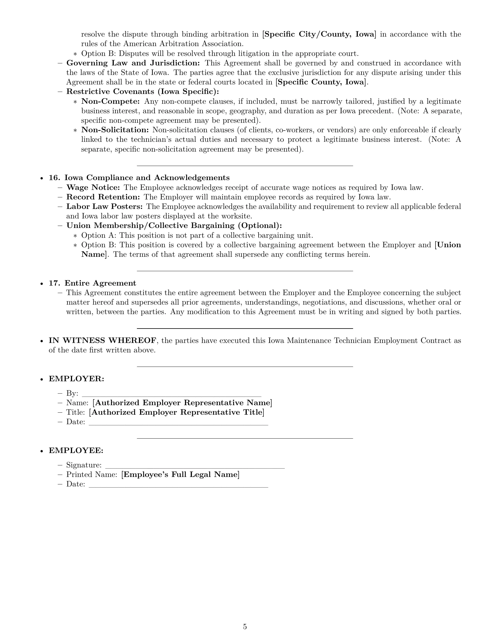 Preview page 5 of Pro Iowa maintenance technician employment contract template