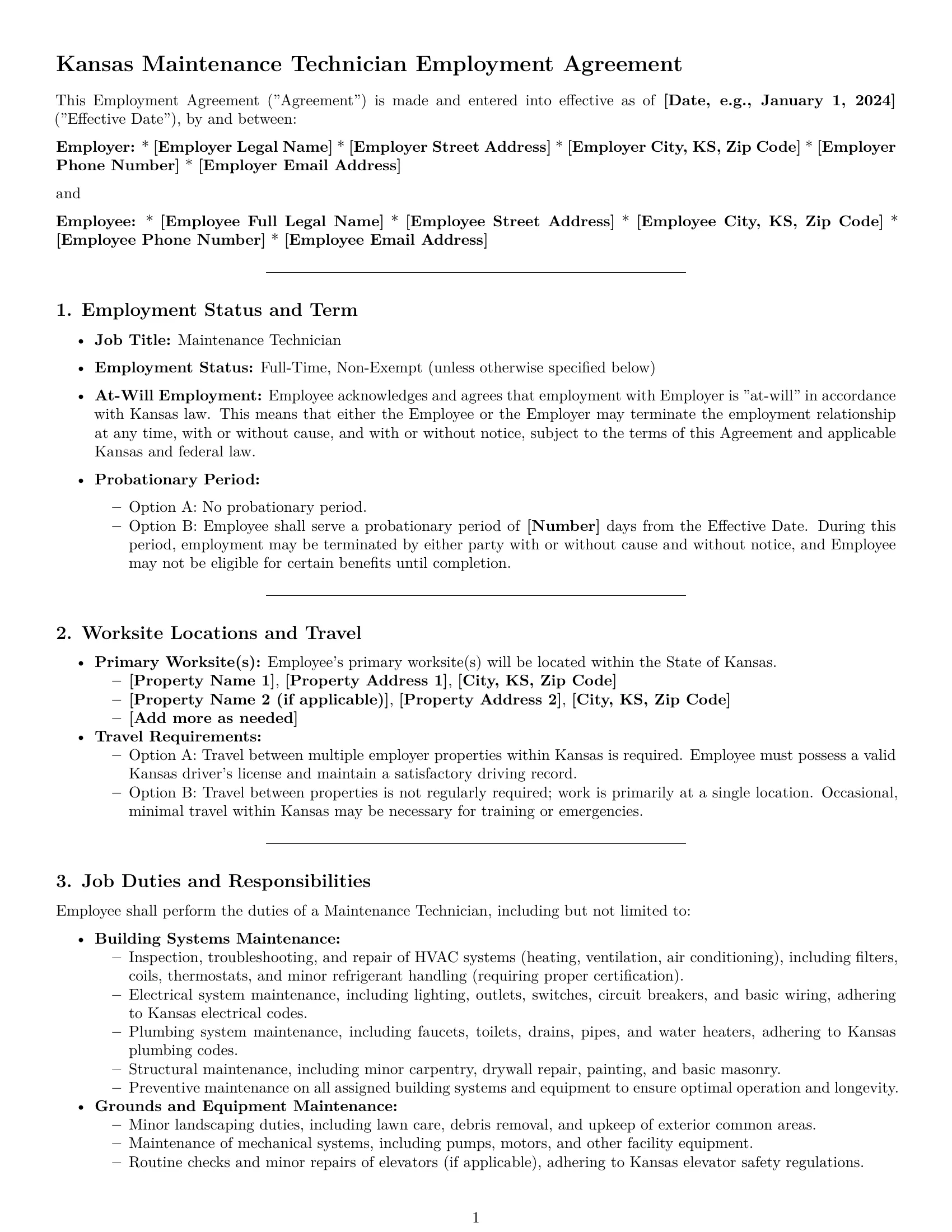Preview page 1 of Pro Kansas maintenance technician employment contract template