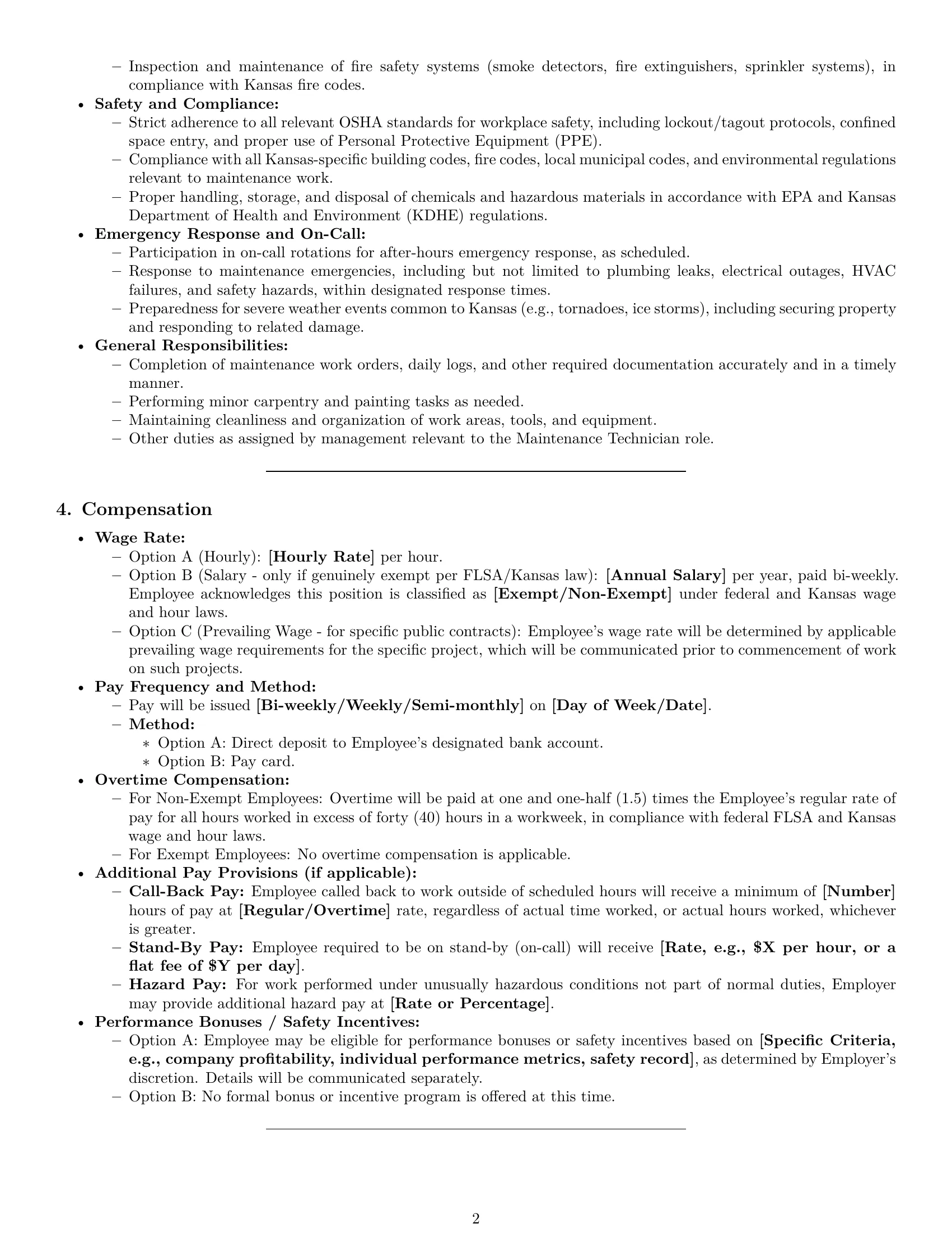 Preview page 2 of Pro Kansas maintenance technician employment contract template