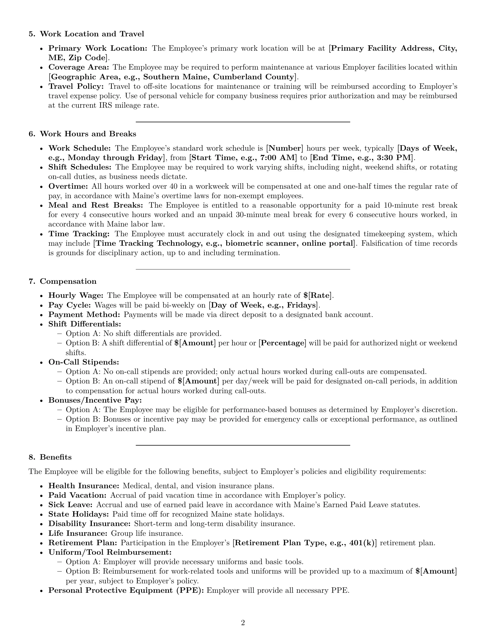 Preview page 2 of Pro Maine maintenance technician employment contract template