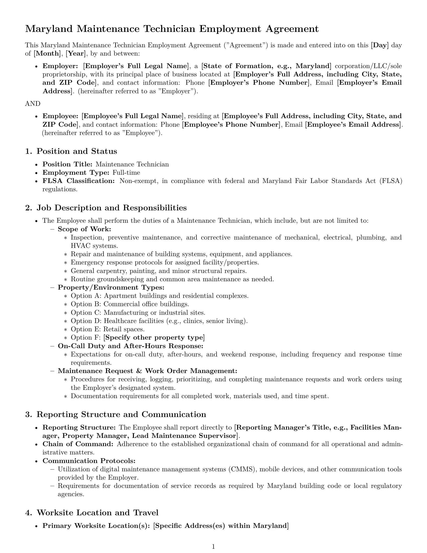 Preview page 1 of Pro Maryland maintenance technician employment contract template