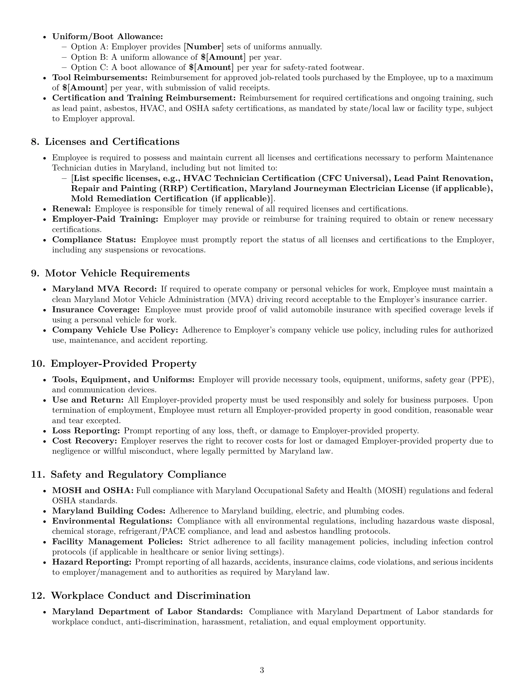 Preview page 3 of Pro Maryland maintenance technician employment contract template