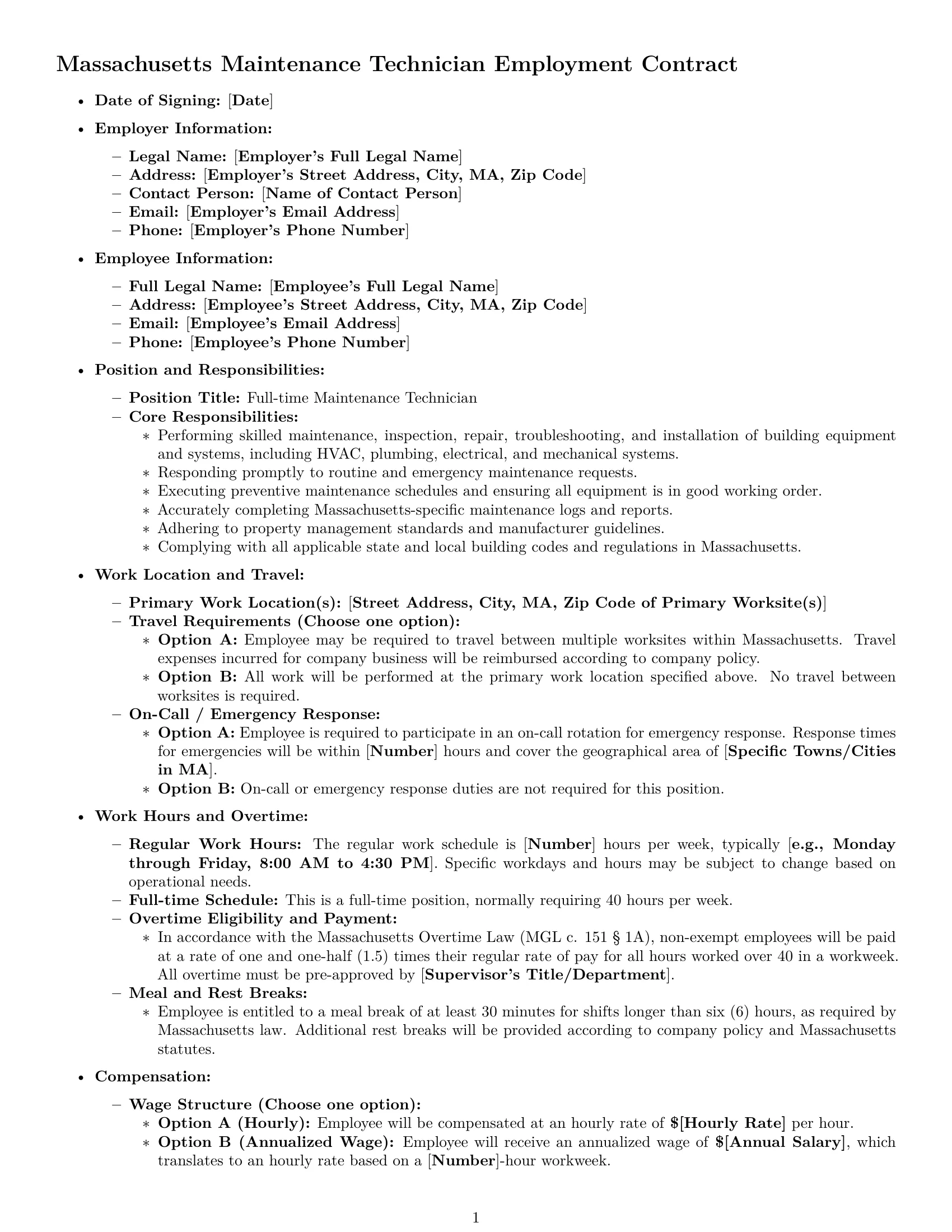 Preview page 1 of Pro Massachusetts maintenance technician employment contract template