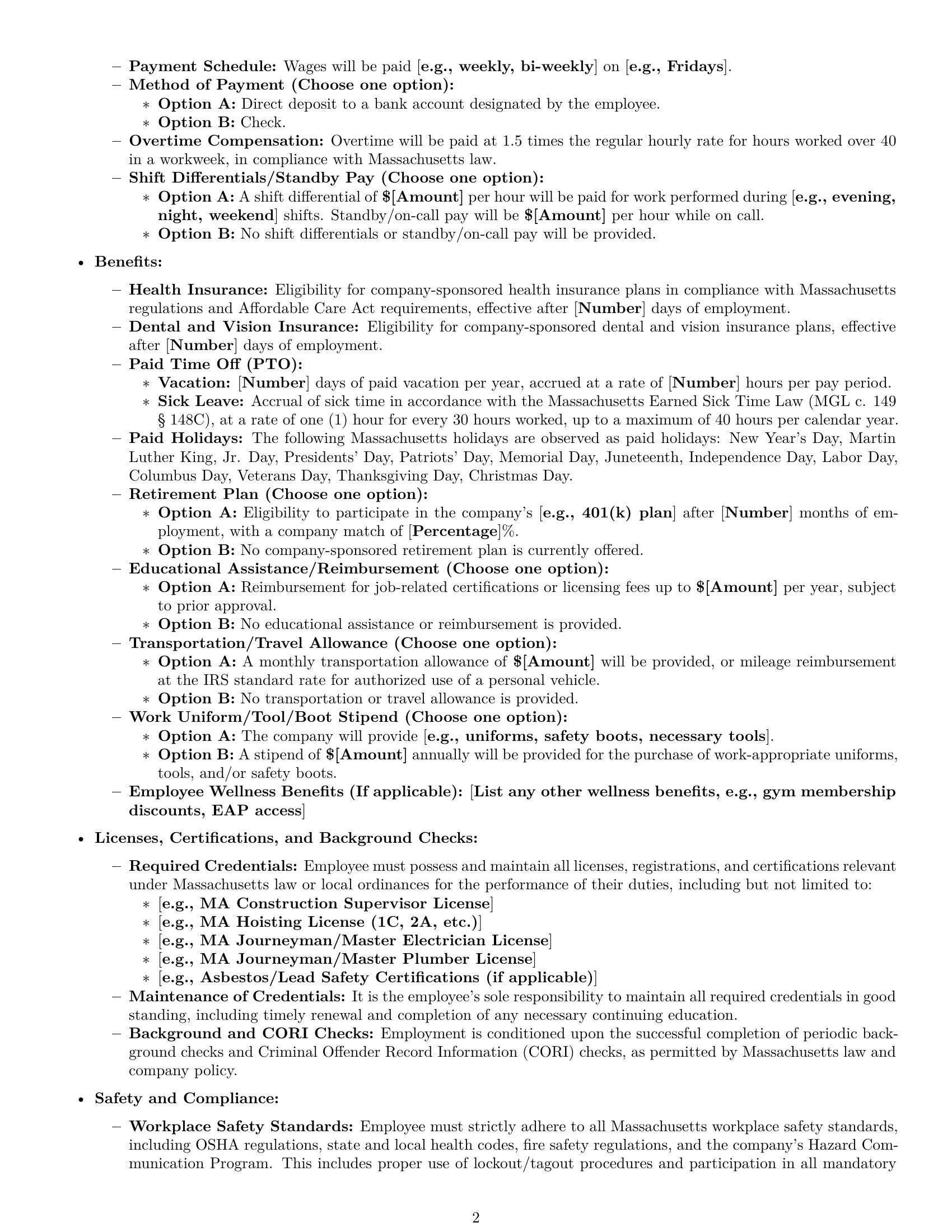 Preview page 2 of Pro Massachusetts maintenance technician employment contract template