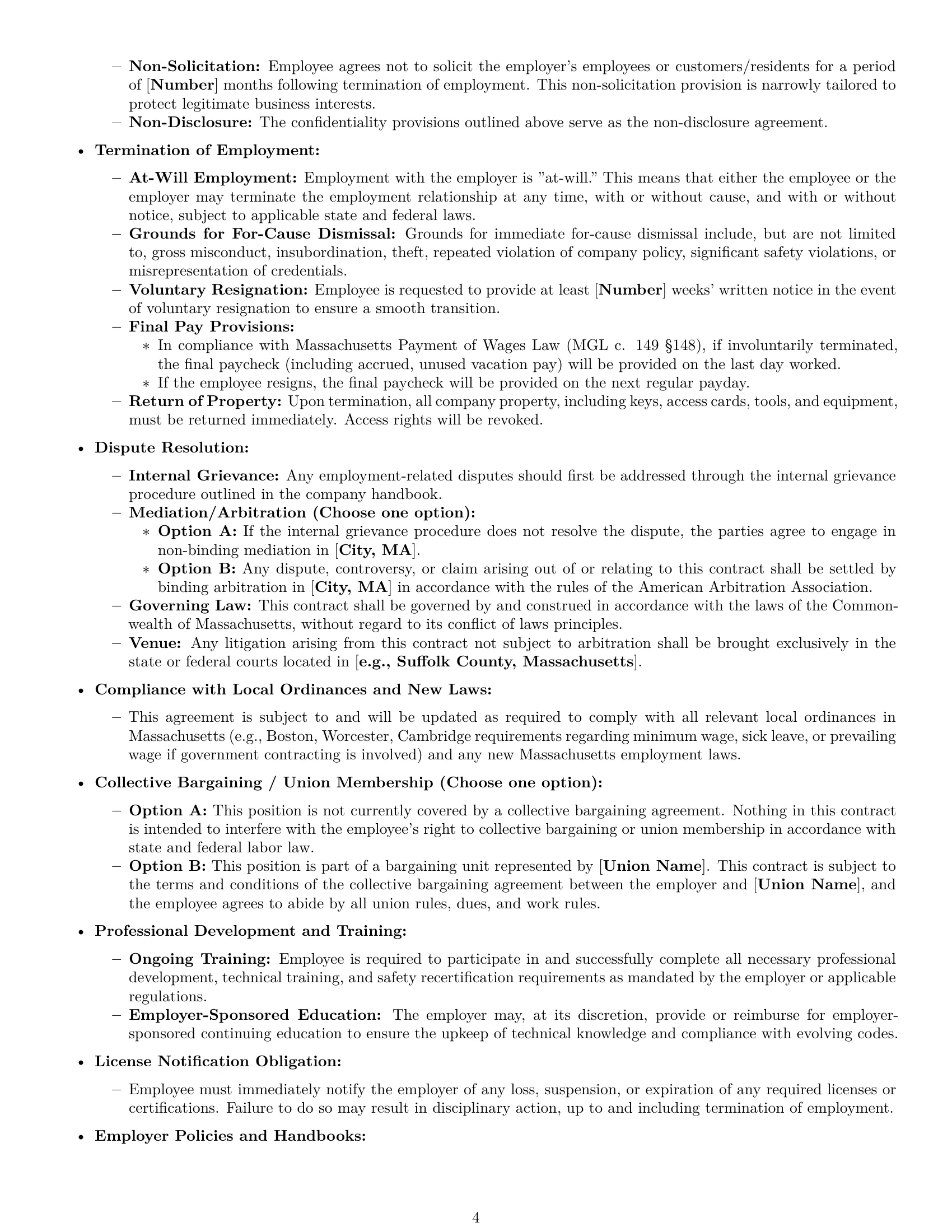 Preview page 4 of Pro Massachusetts maintenance technician employment contract template