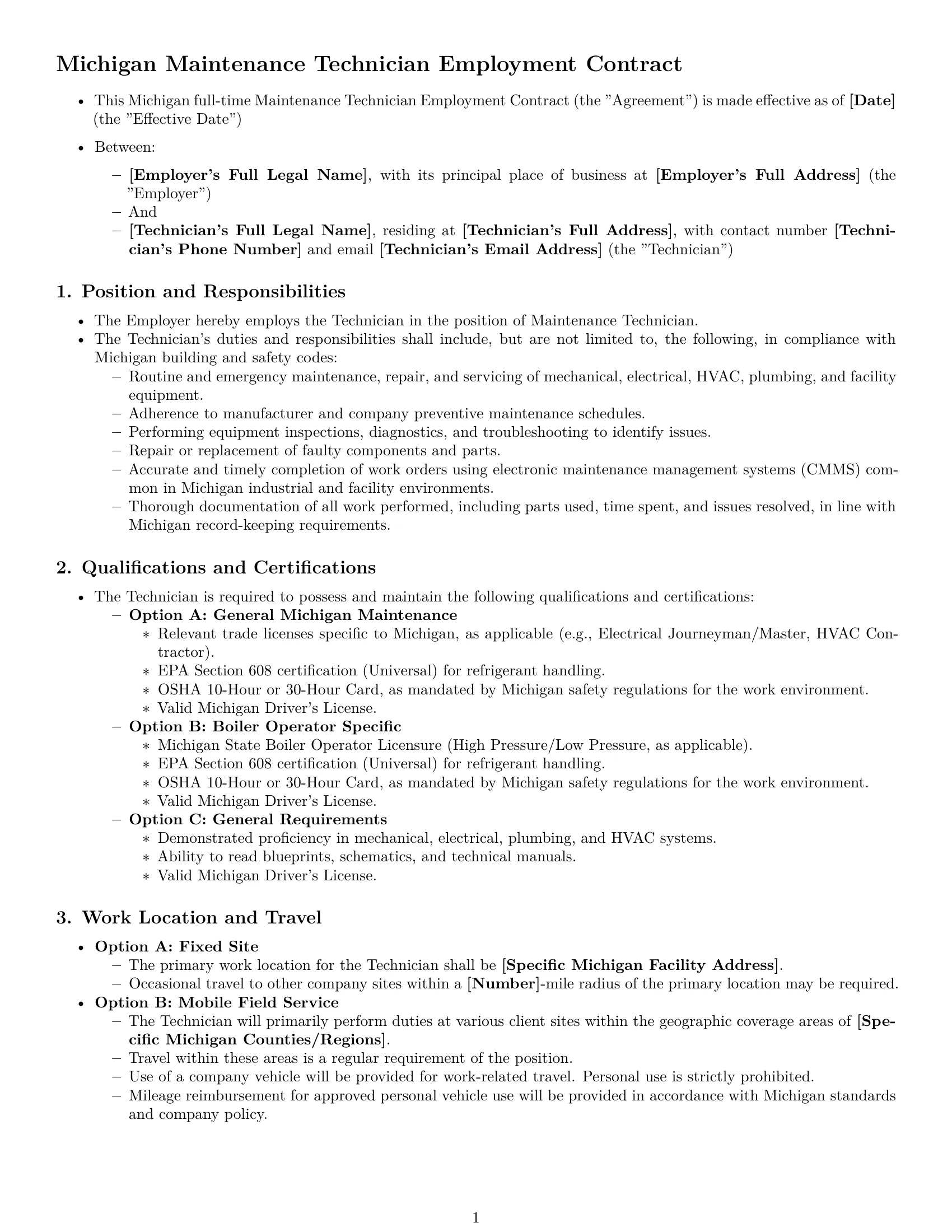 Preview page 1 of Pro Michigan maintenance technician employment contract template