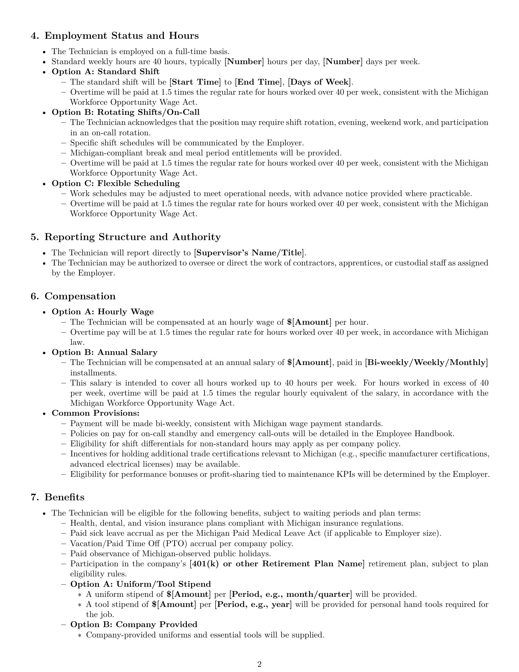 Preview page 2 of Pro Michigan maintenance technician employment contract template