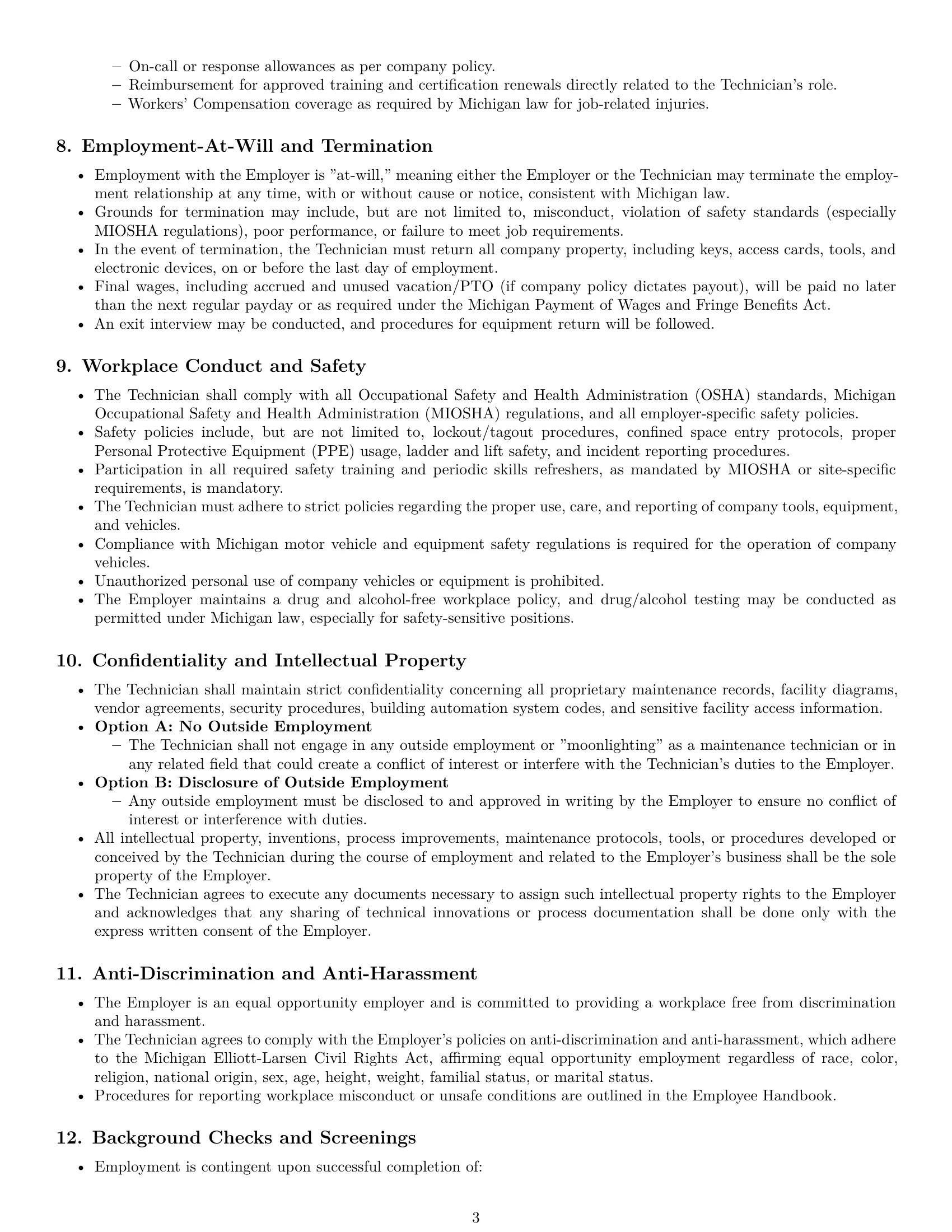 Preview page 3 of Pro Michigan maintenance technician employment contract template