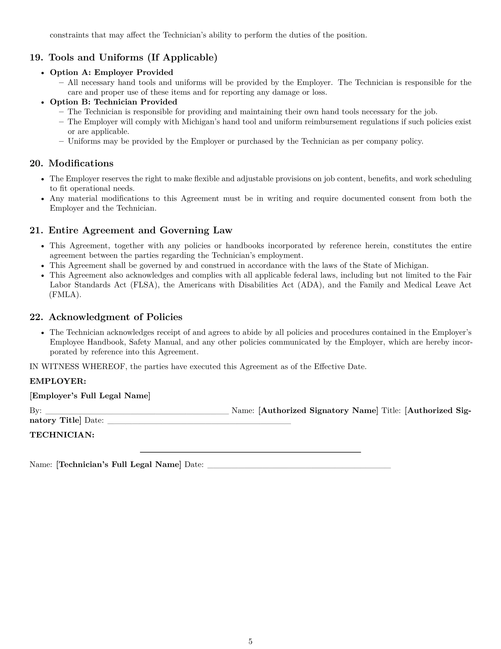 Preview page 5 of Pro Michigan maintenance technician employment contract template
