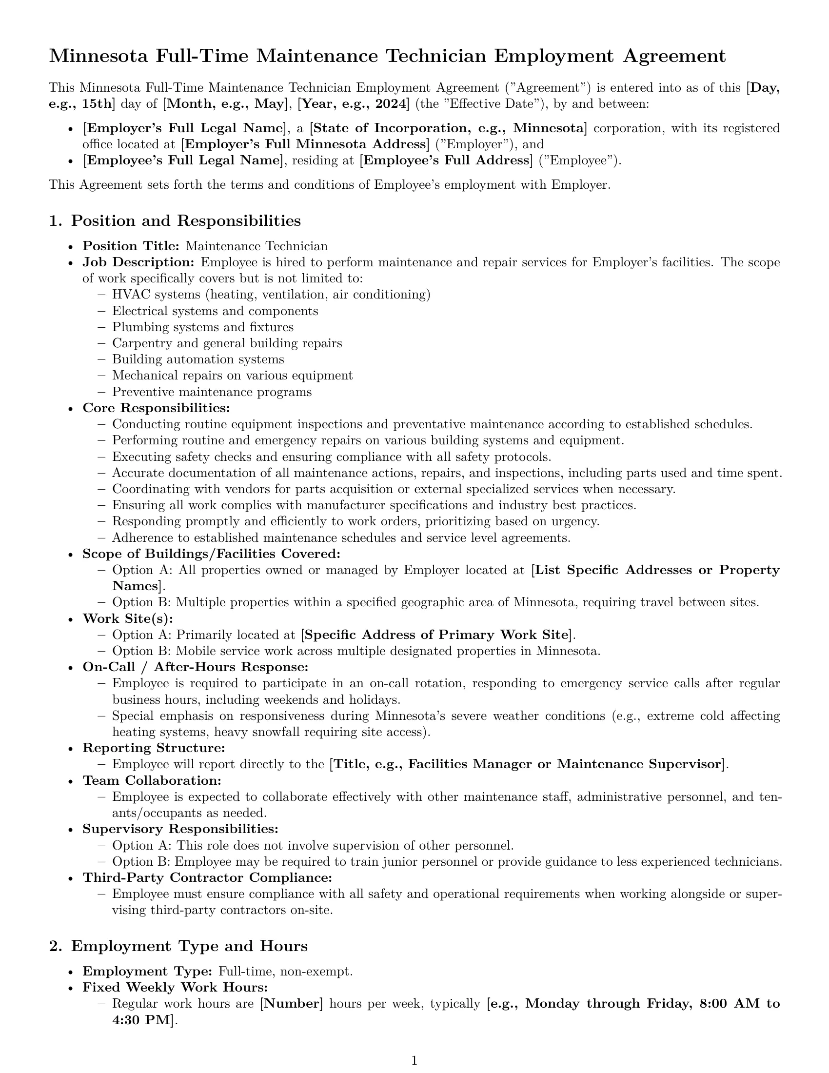 Preview page 1 of Pro Minnesota maintenance technician employment contract template