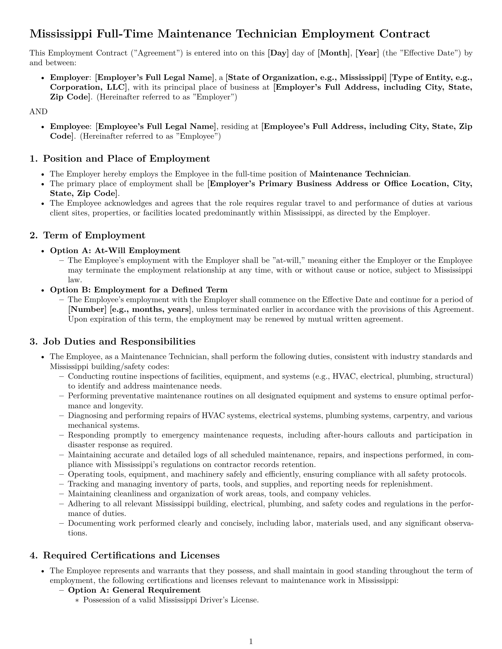 Preview page 1 of Pro Mississippi maintenance technician employment contract template