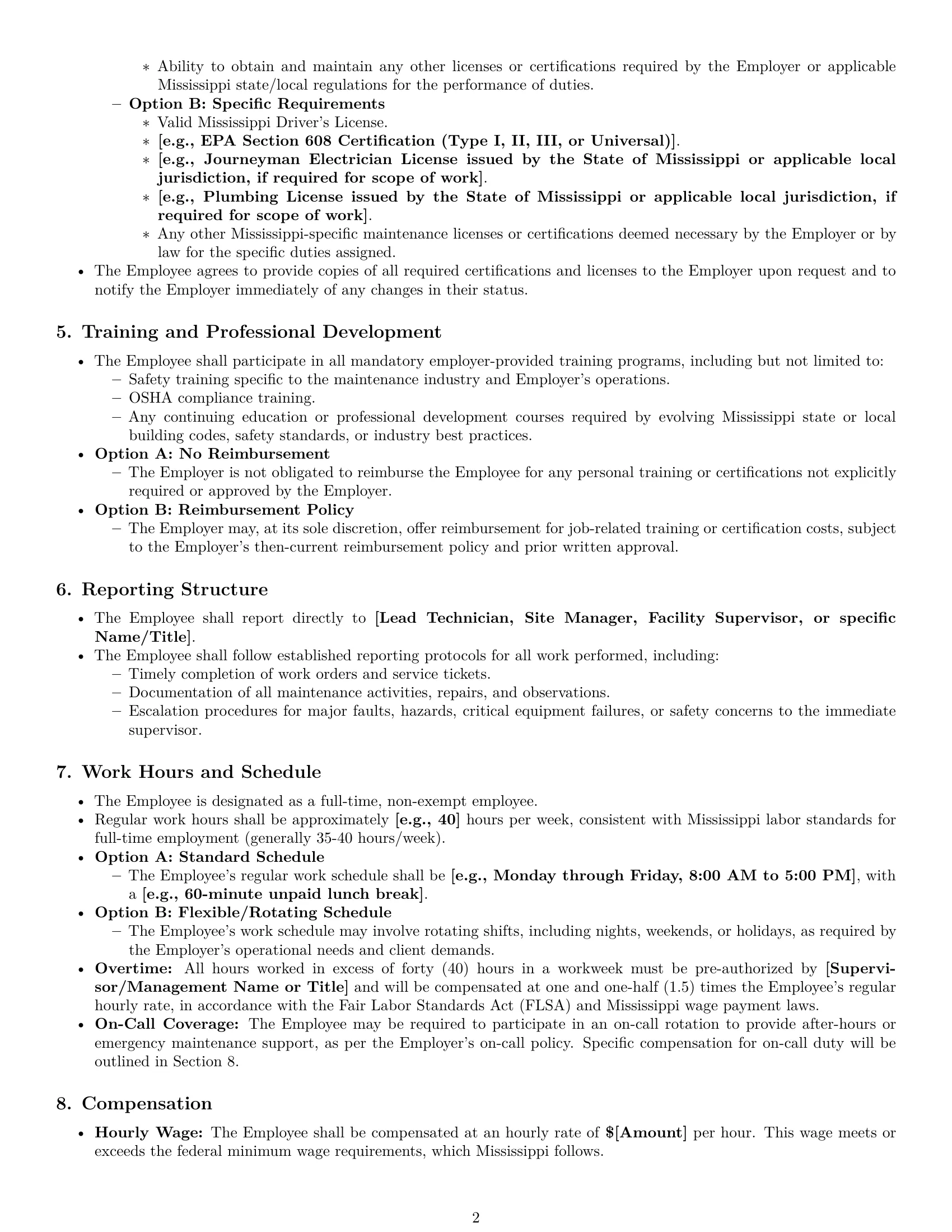 Preview page 2 of Pro Mississippi maintenance technician employment contract template