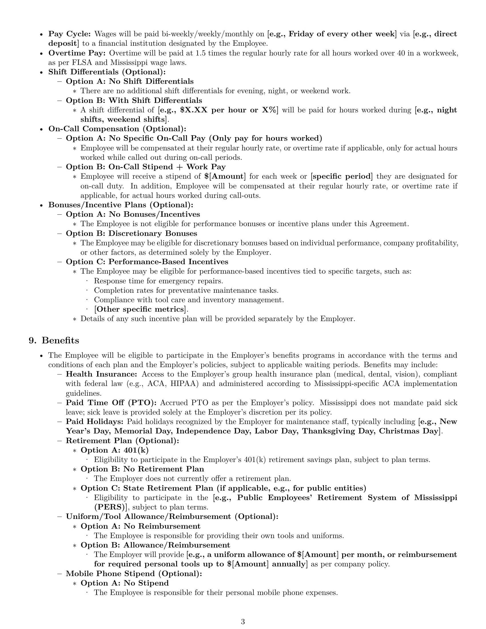 Preview page 3 of Pro Mississippi maintenance technician employment contract template
