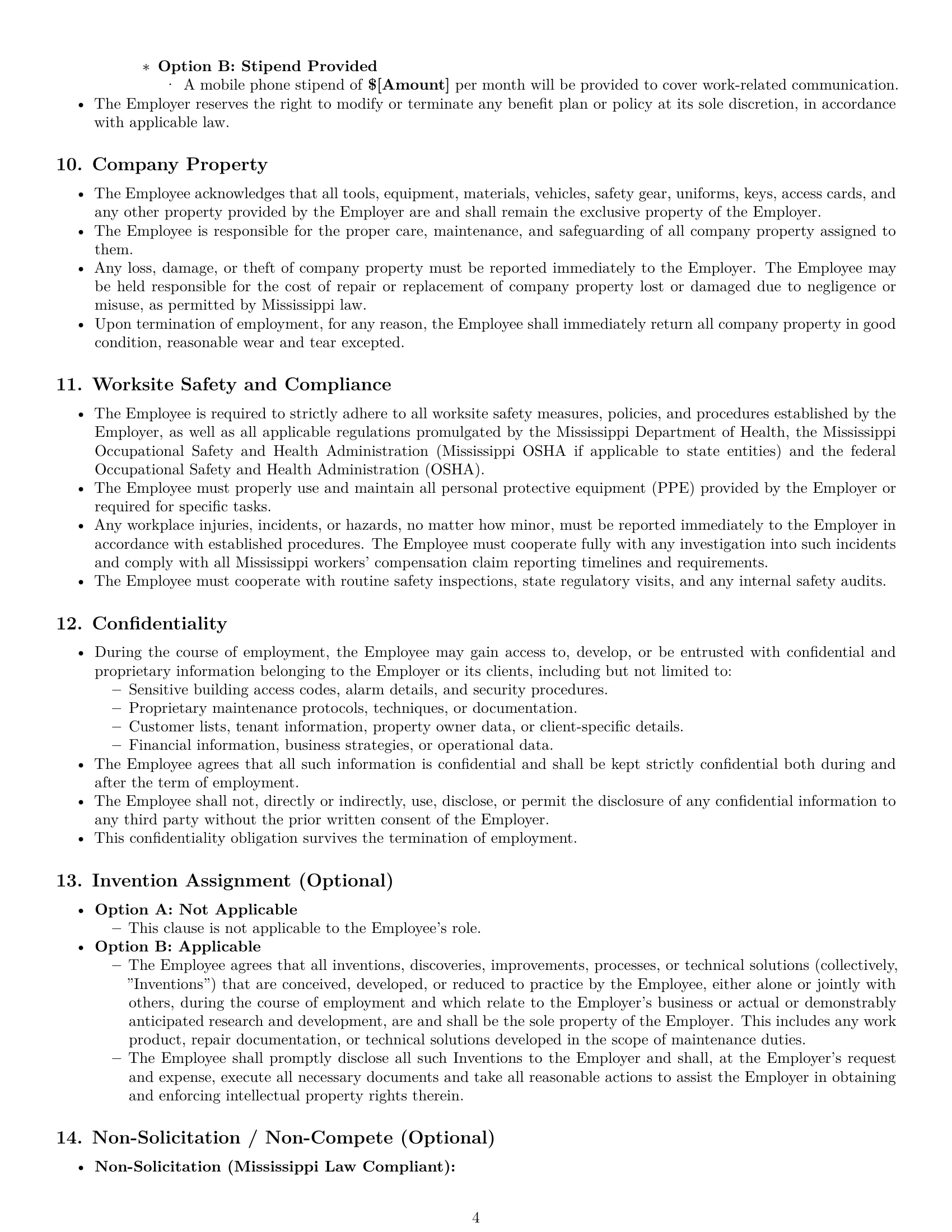Preview page 4 of Pro Mississippi maintenance technician employment contract template