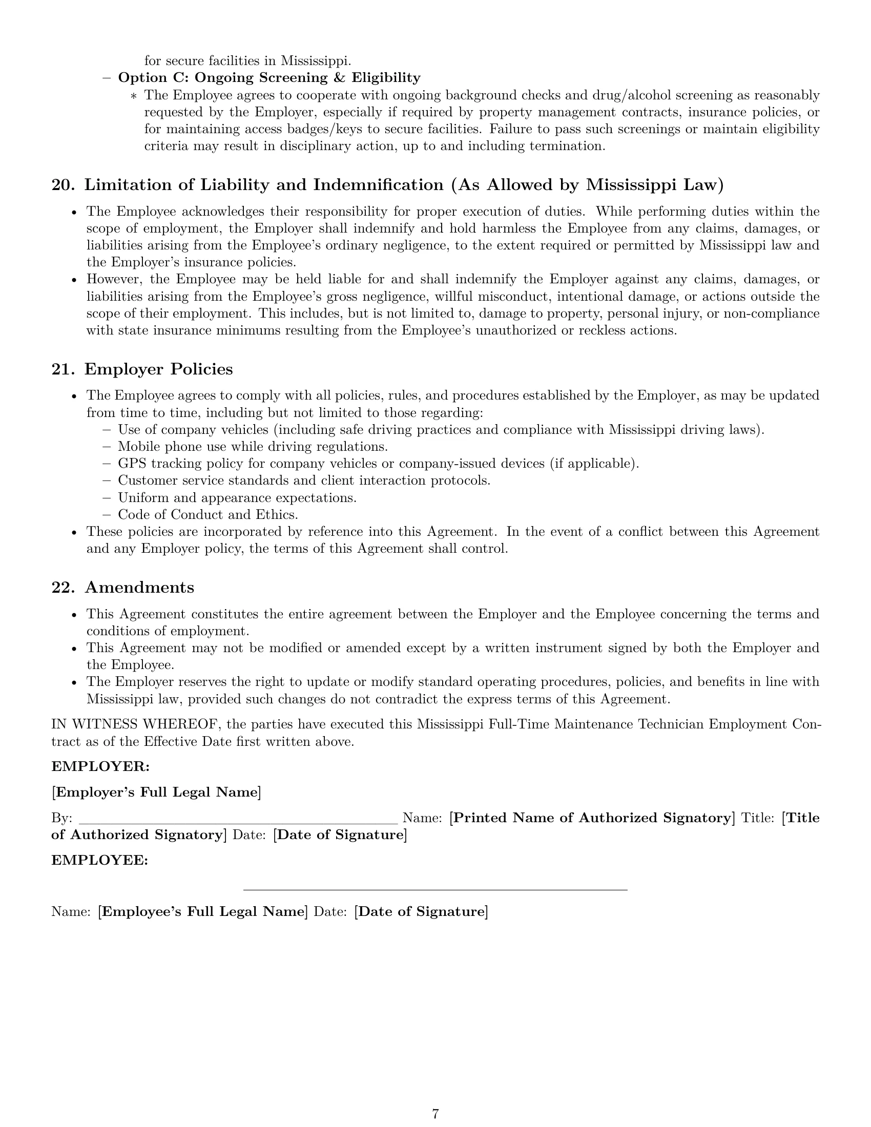 Preview page 7 of Pro Mississippi maintenance technician employment contract template