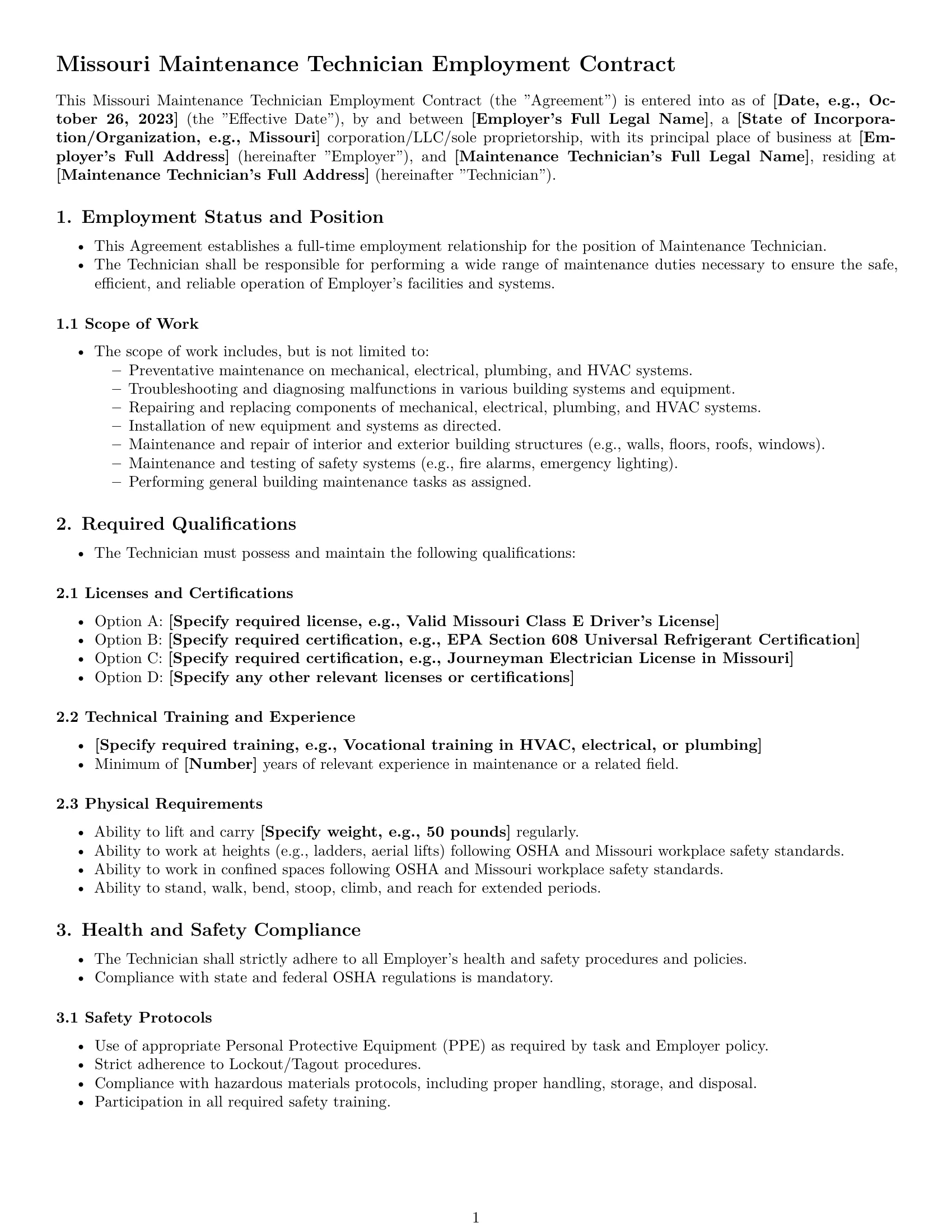 Preview page 1 of Pro Missouri maintenance technician employment contract template