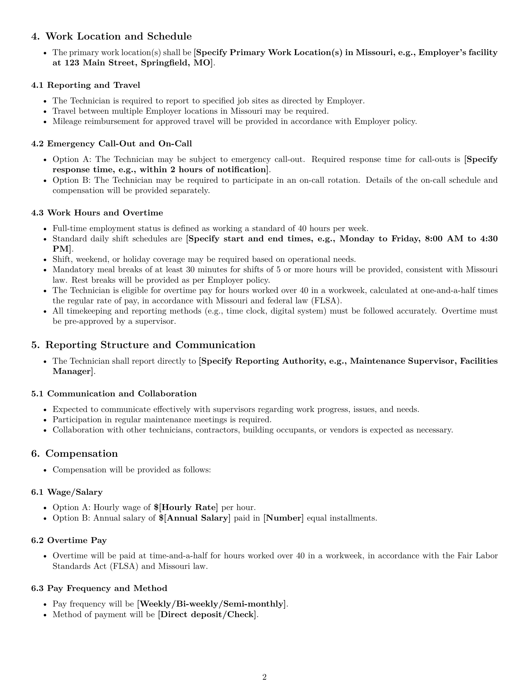 Preview page 2 of Pro Missouri maintenance technician employment contract template