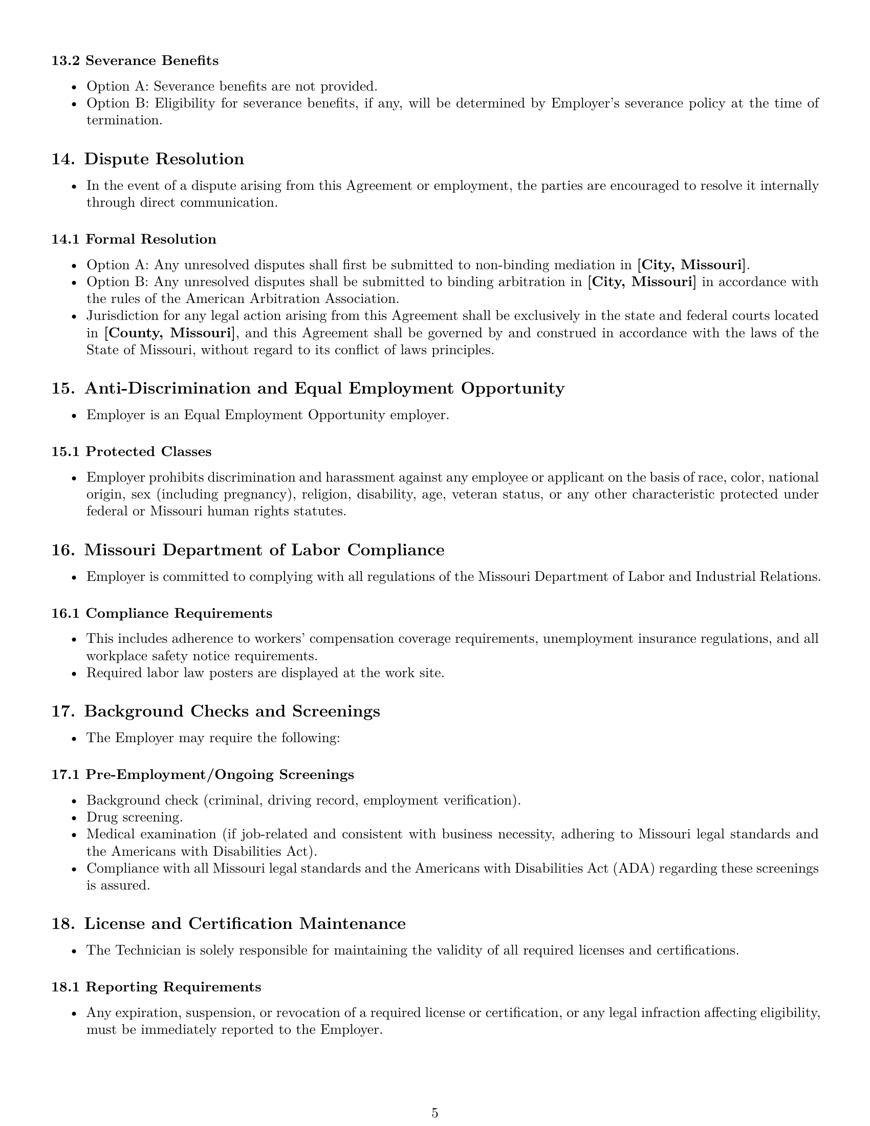 Preview page 5 of Pro Missouri maintenance technician employment contract template