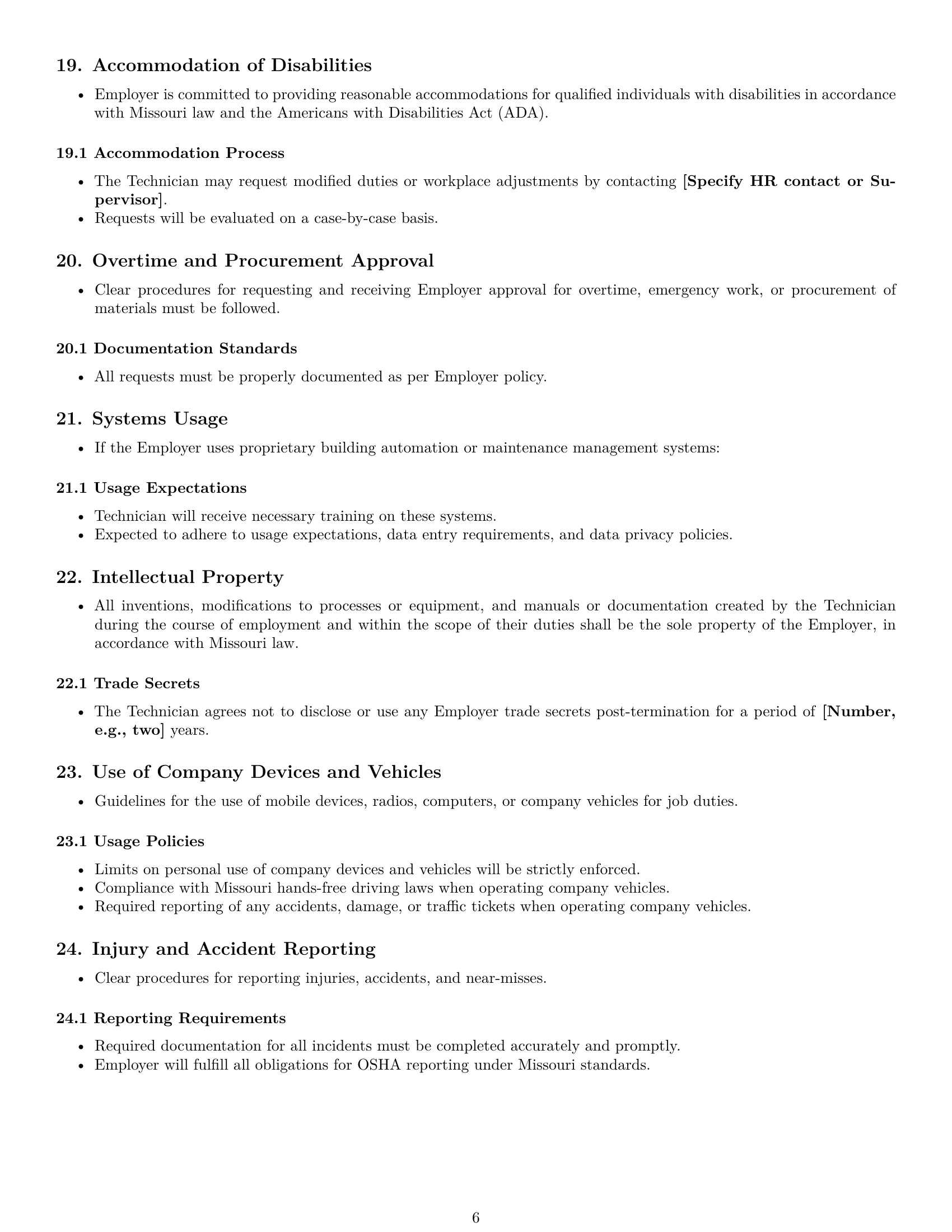 Preview page 6 of Pro Missouri maintenance technician employment contract template