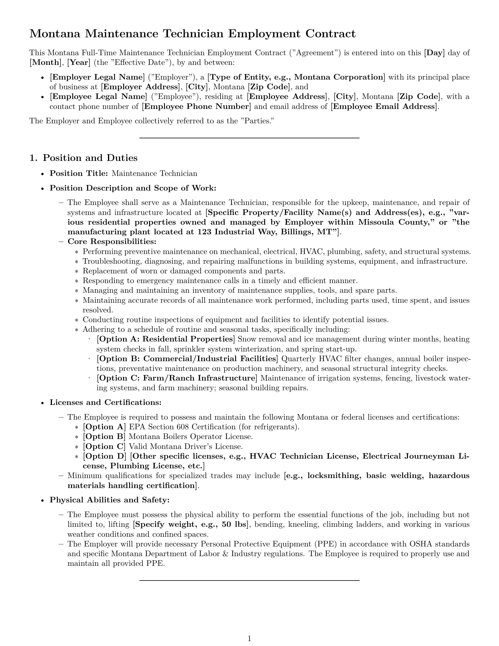 Preview page 1 of Pro Montana maintenance technician employment contract template