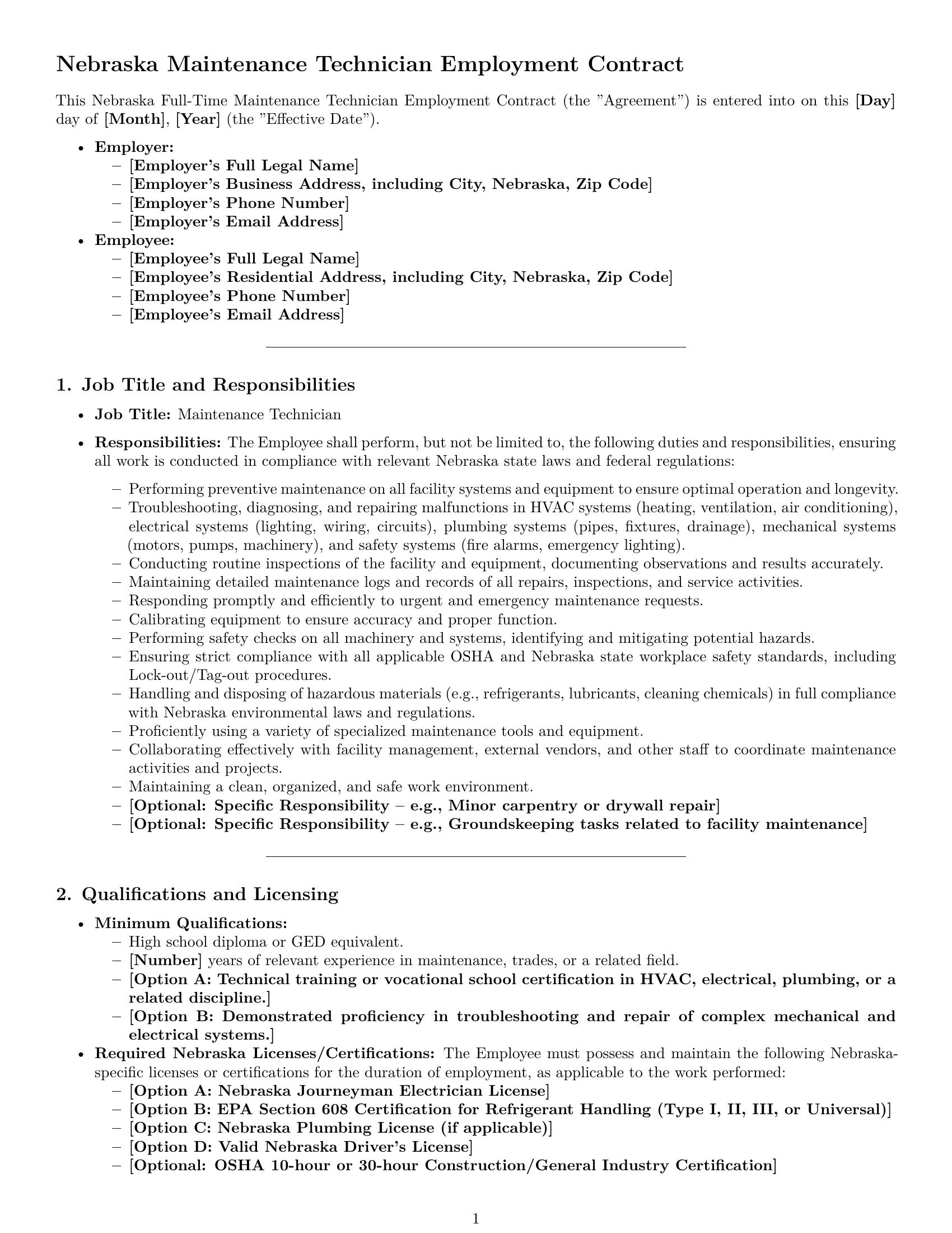 Preview page 1 of Pro Nebraska maintenance technician employment contract template