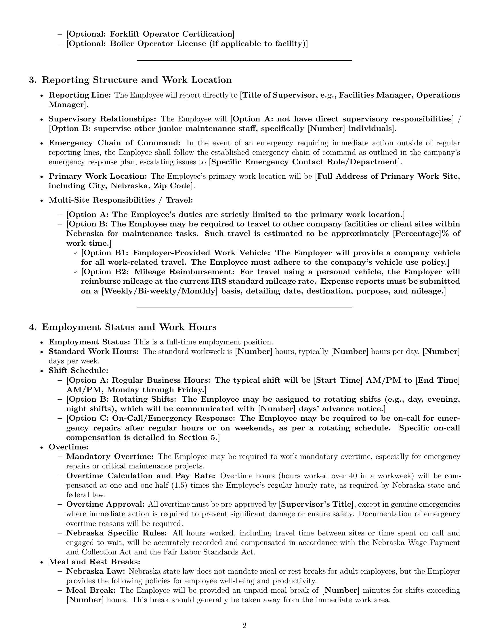 Preview page 2 of Pro Nebraska maintenance technician employment contract template