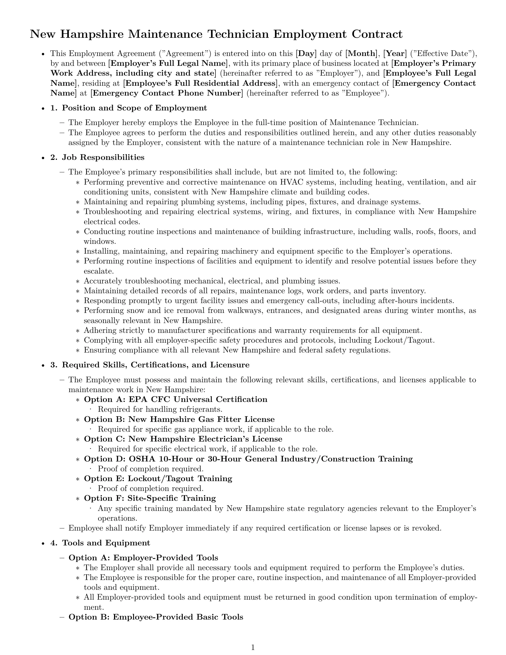 Preview page 1 of Pro New Hampshire maintenance technician employment contract template