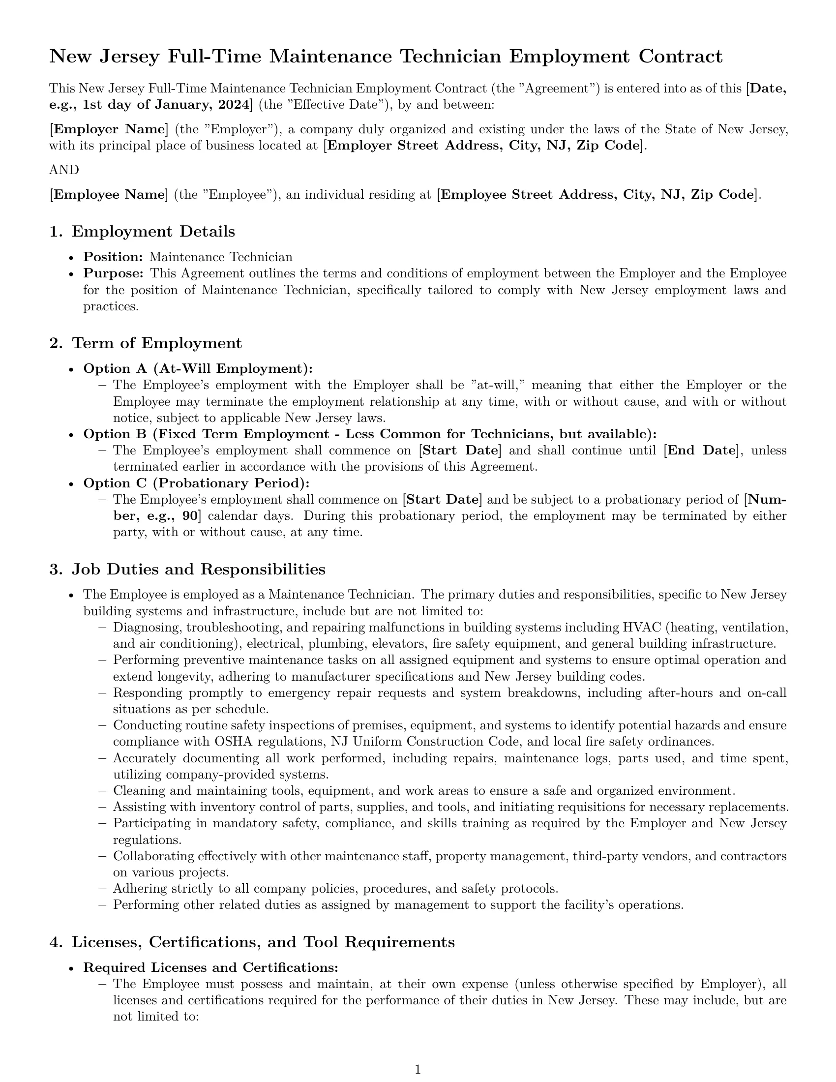 Preview page 1 of Pro New Jersey maintenance technician employment contract template