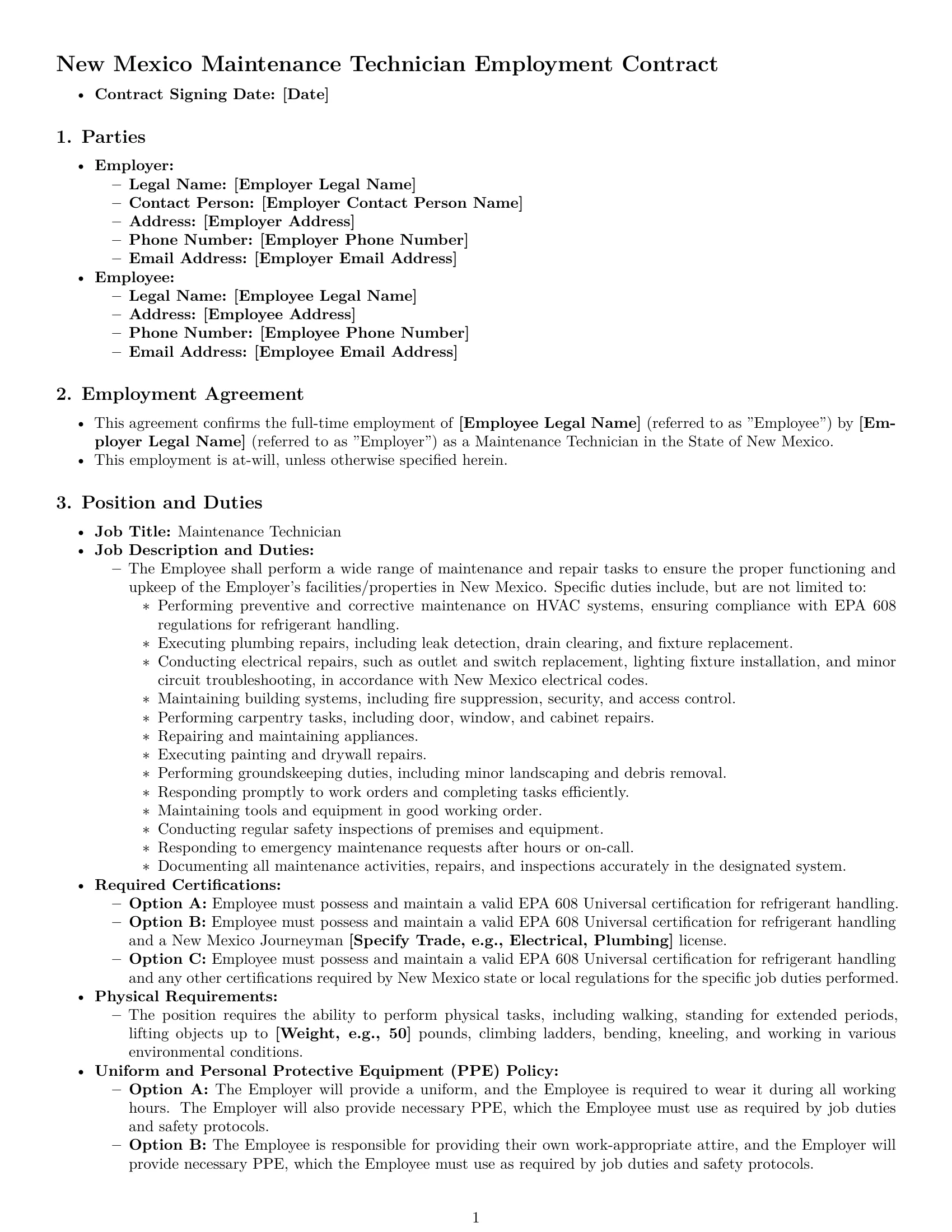 Preview page 1 of Pro New Mexico maintenance technician employment contract template