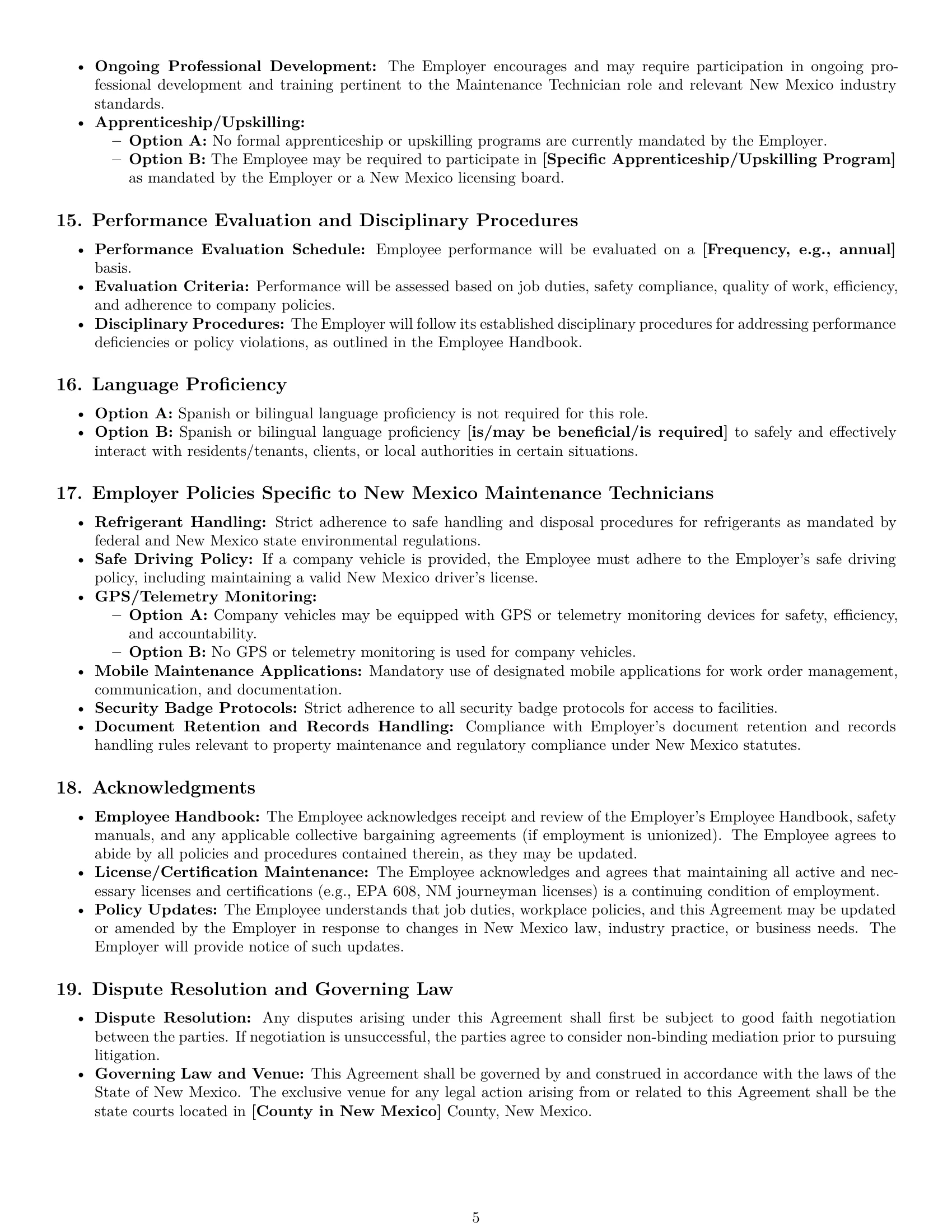 Preview page 5 of Pro New Mexico maintenance technician employment contract template