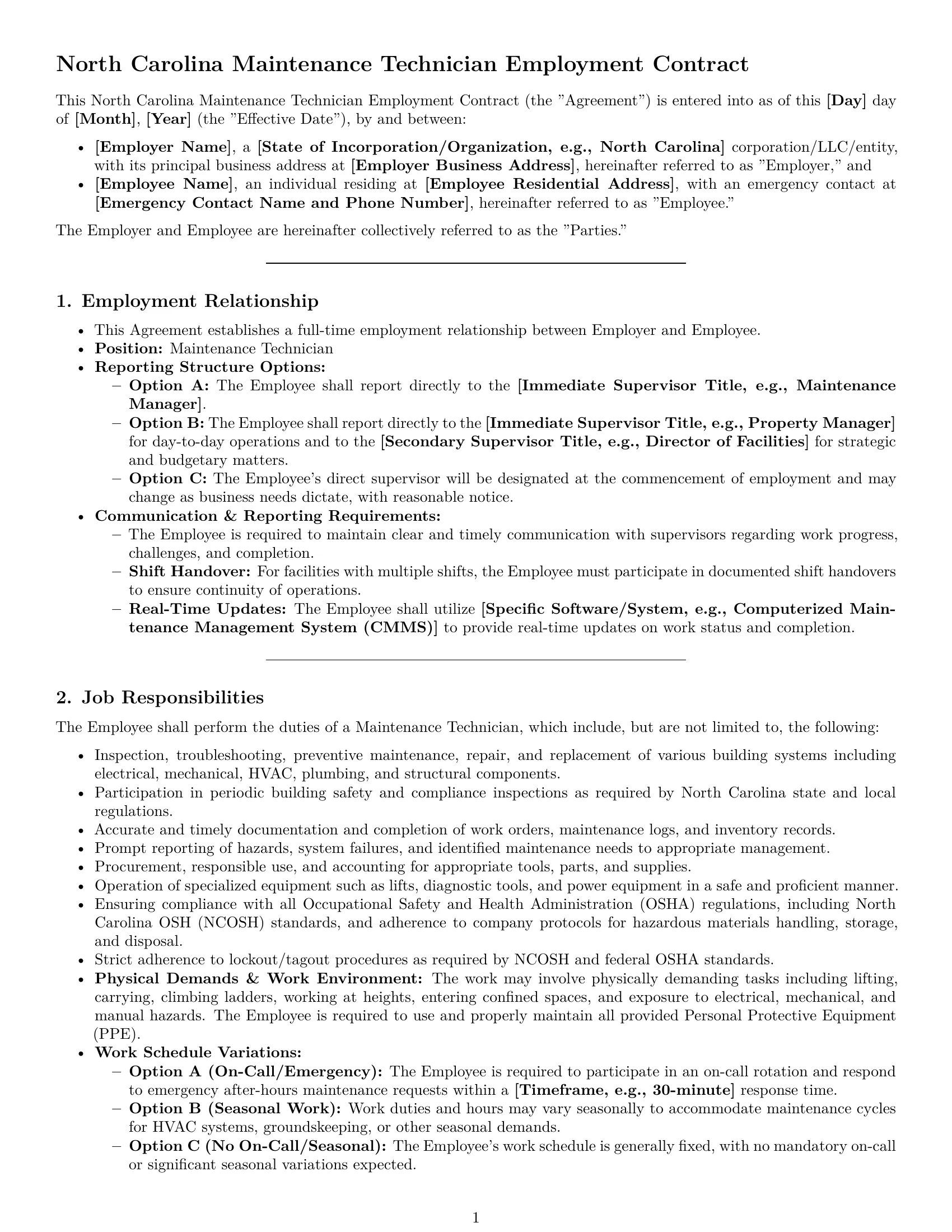 Preview page 1 of Pro North Carolina maintenance technician employment contract template