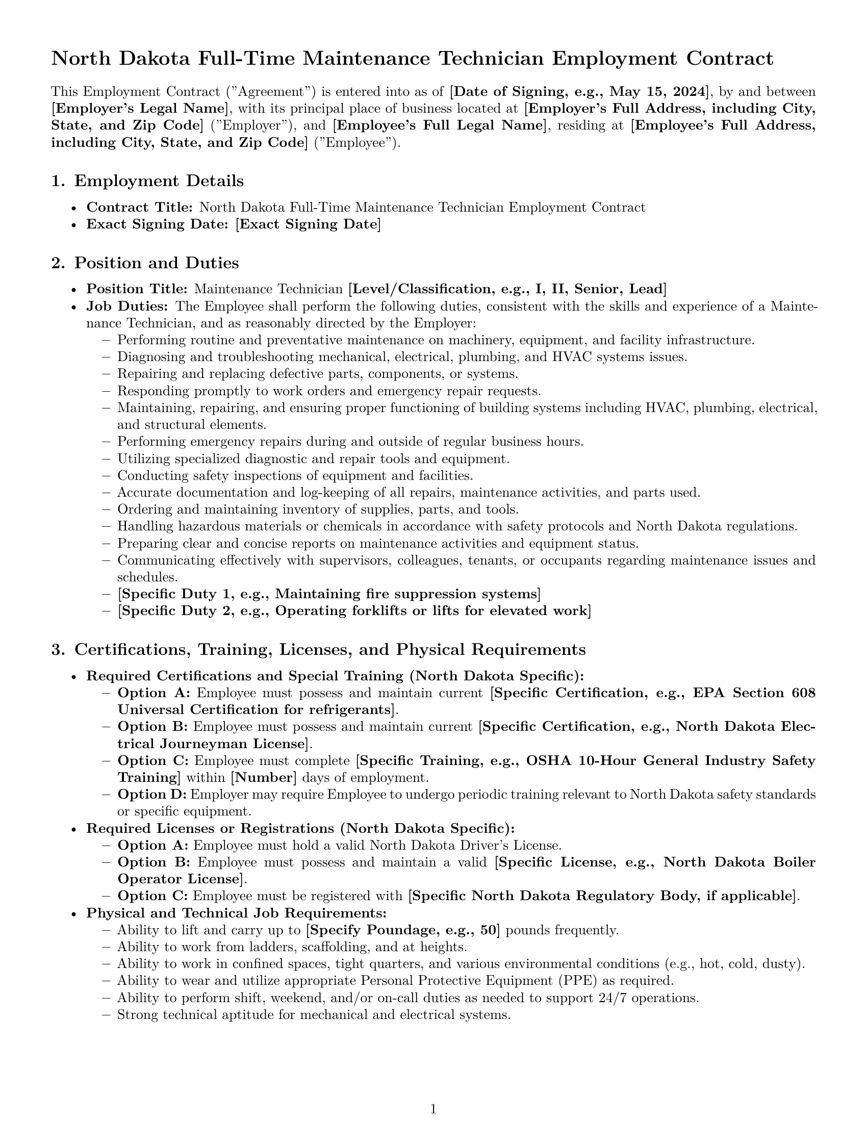 Preview page 1 of Pro North Dakota maintenance technician employment contract template