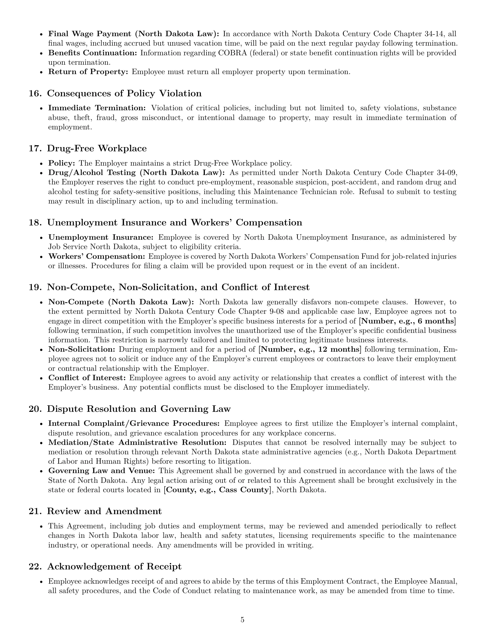Preview page 5 of Pro North Dakota maintenance technician employment contract template