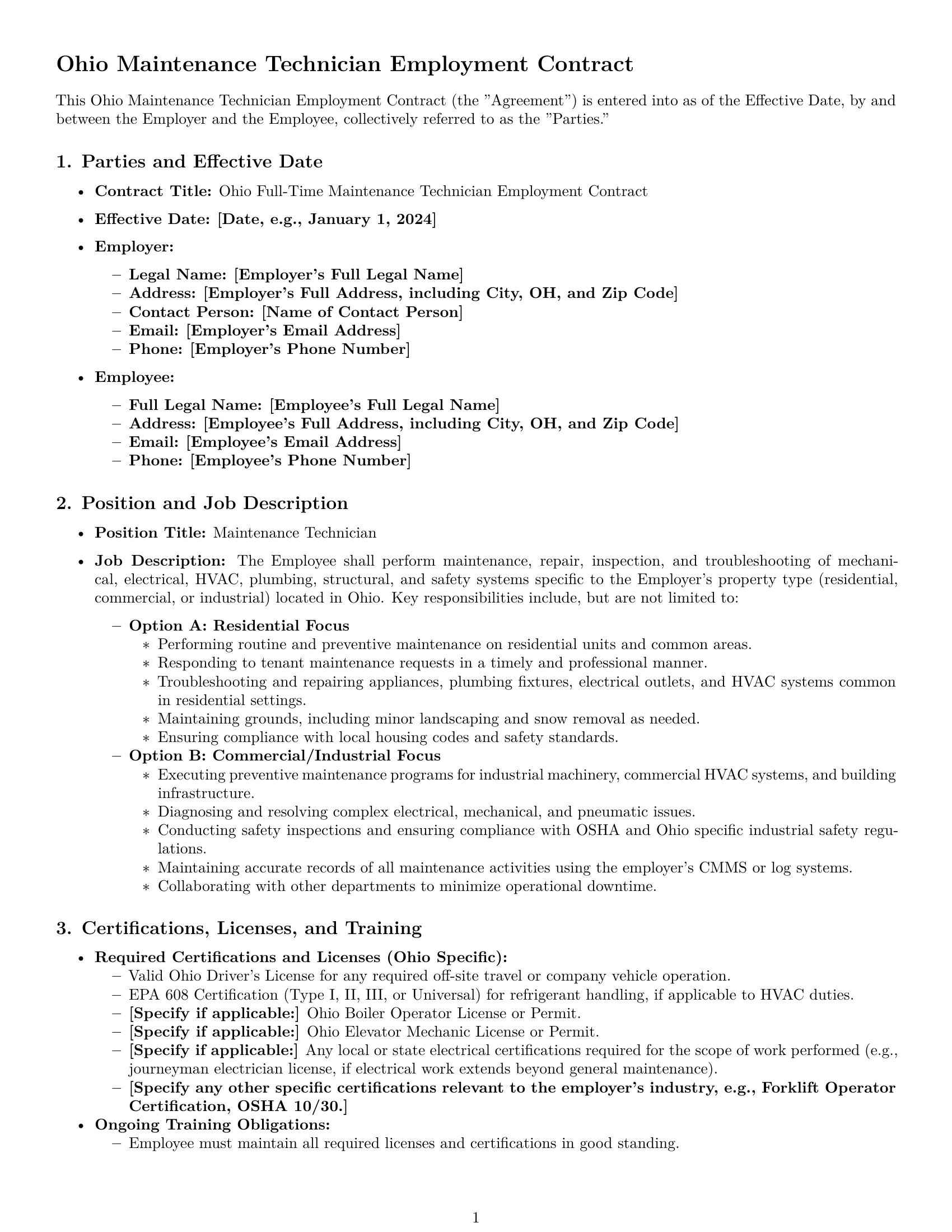 Preview page 1 of Pro Ohio maintenance technician employment contract template