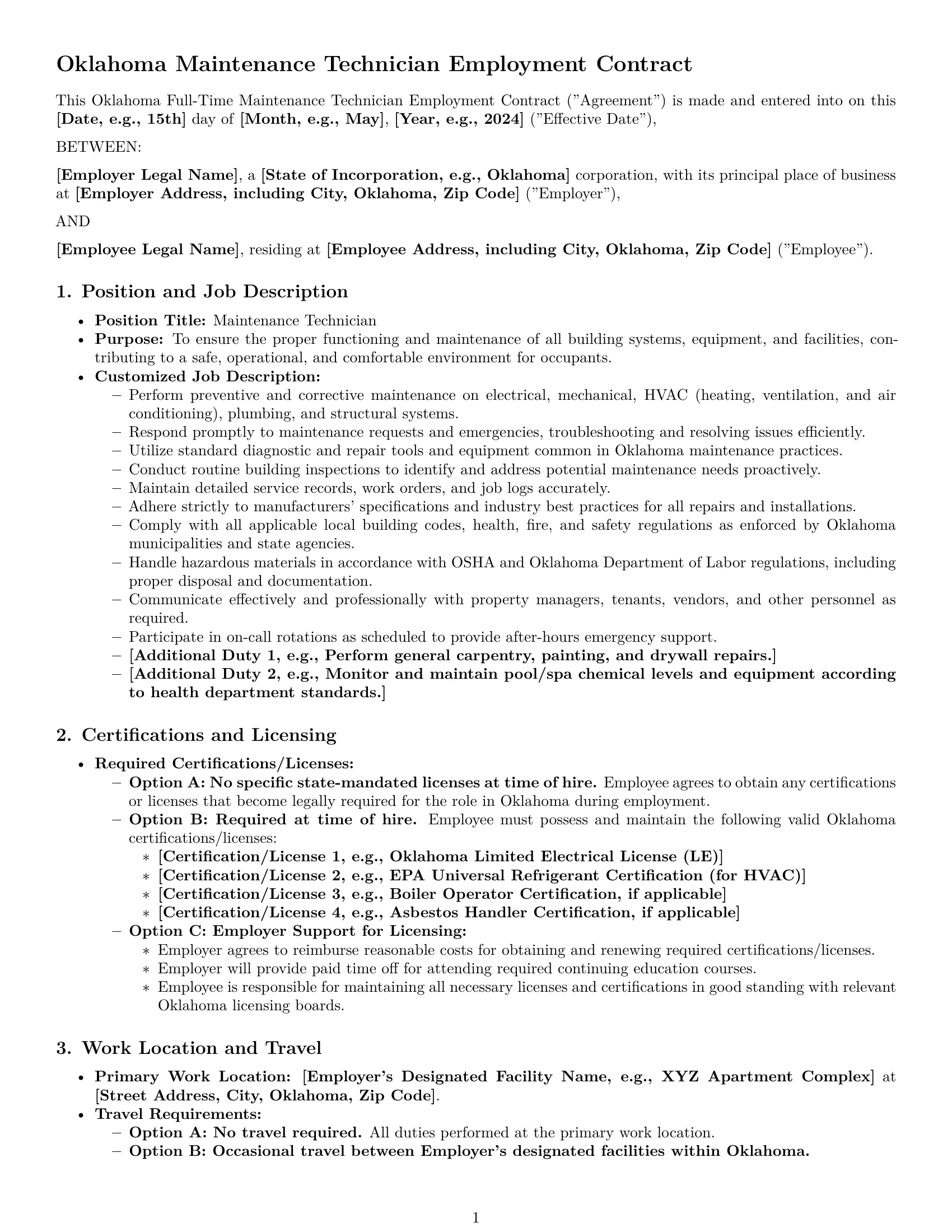 Preview page 1 of Pro Oklahoma maintenance technician employment contract template