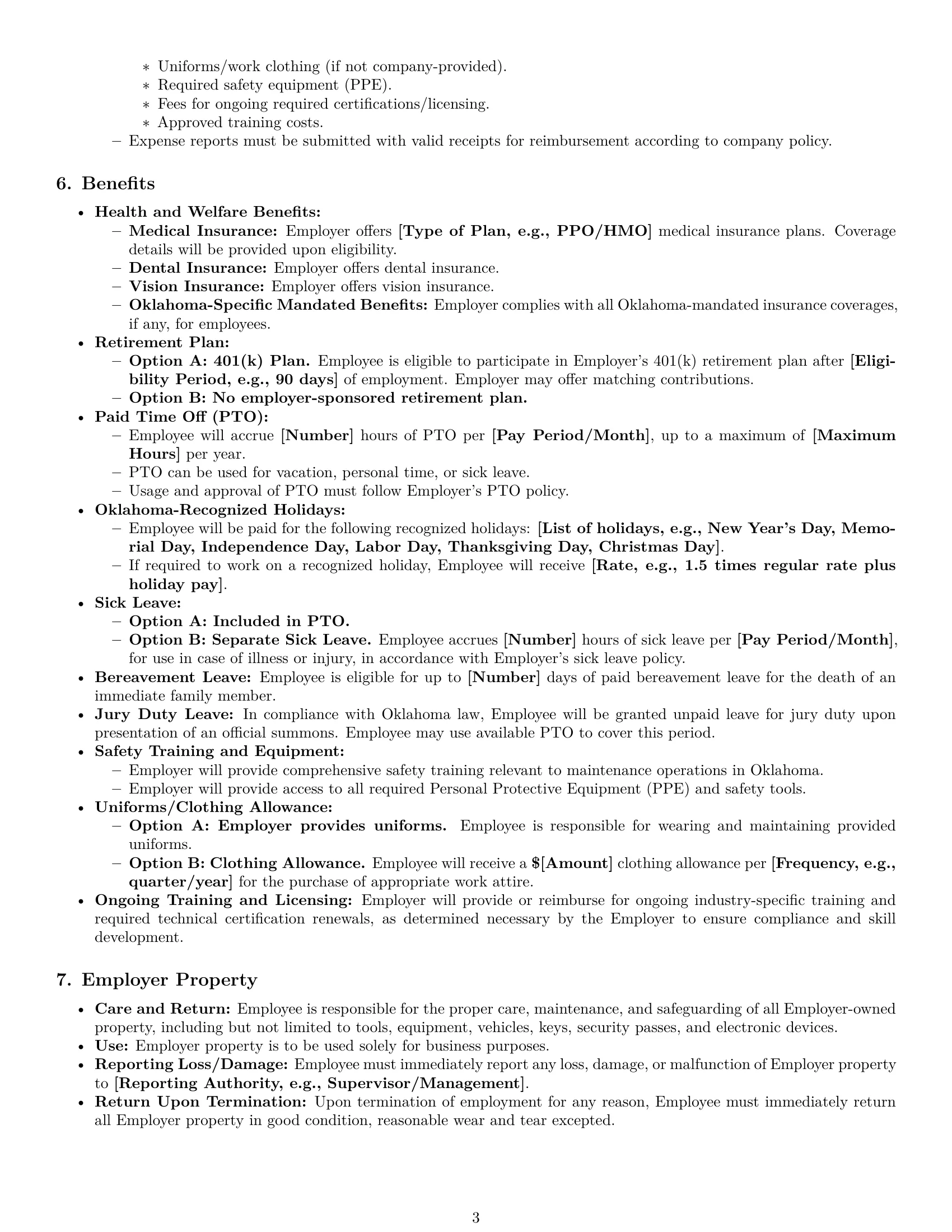 Preview page 3 of Pro Oklahoma maintenance technician employment contract template